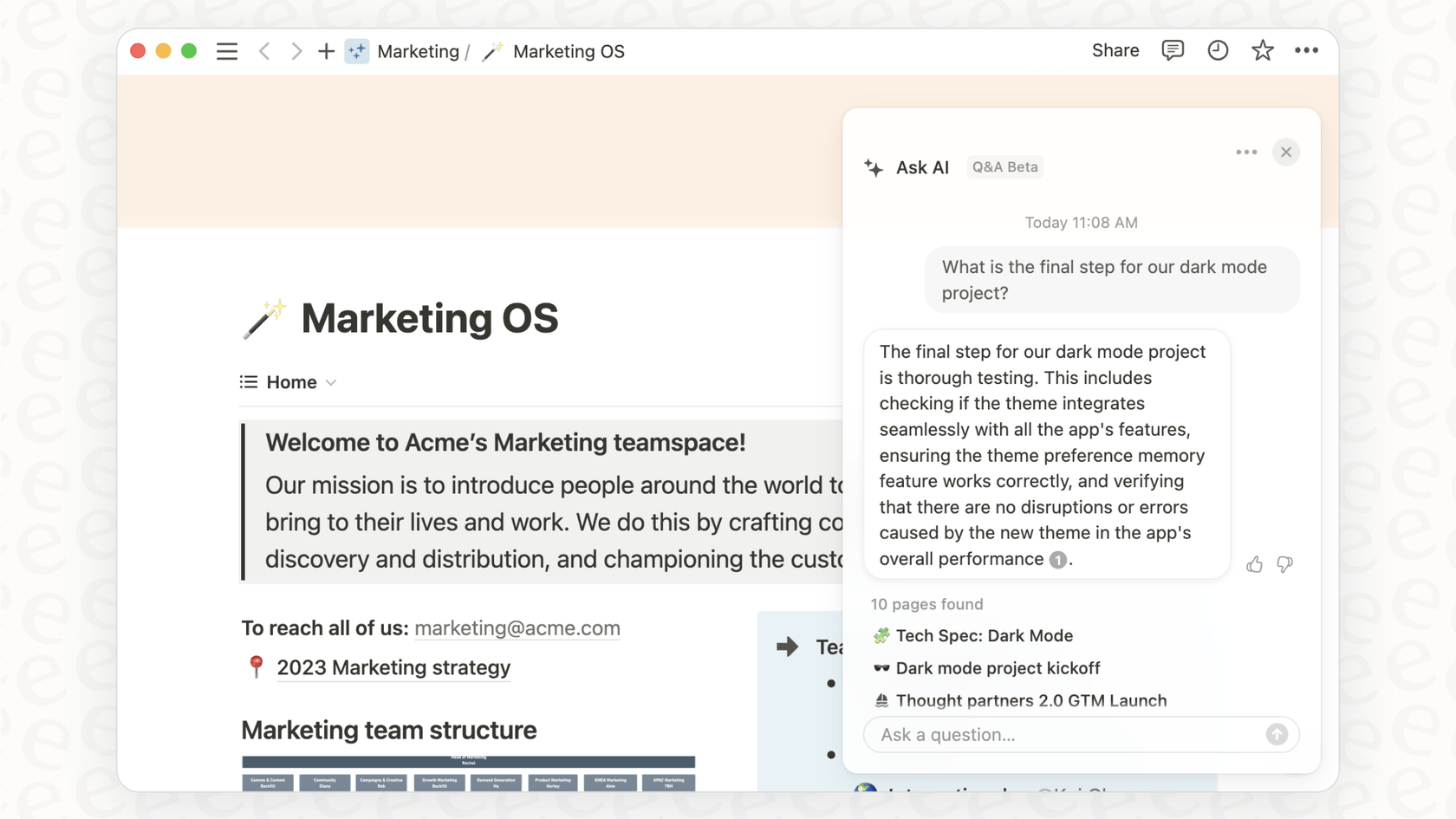 Notion AIに質問を投げかけ、メールのスレッド内から情報を探しているユーザー。Notion AI connector for Gmailの機能を示しています。::