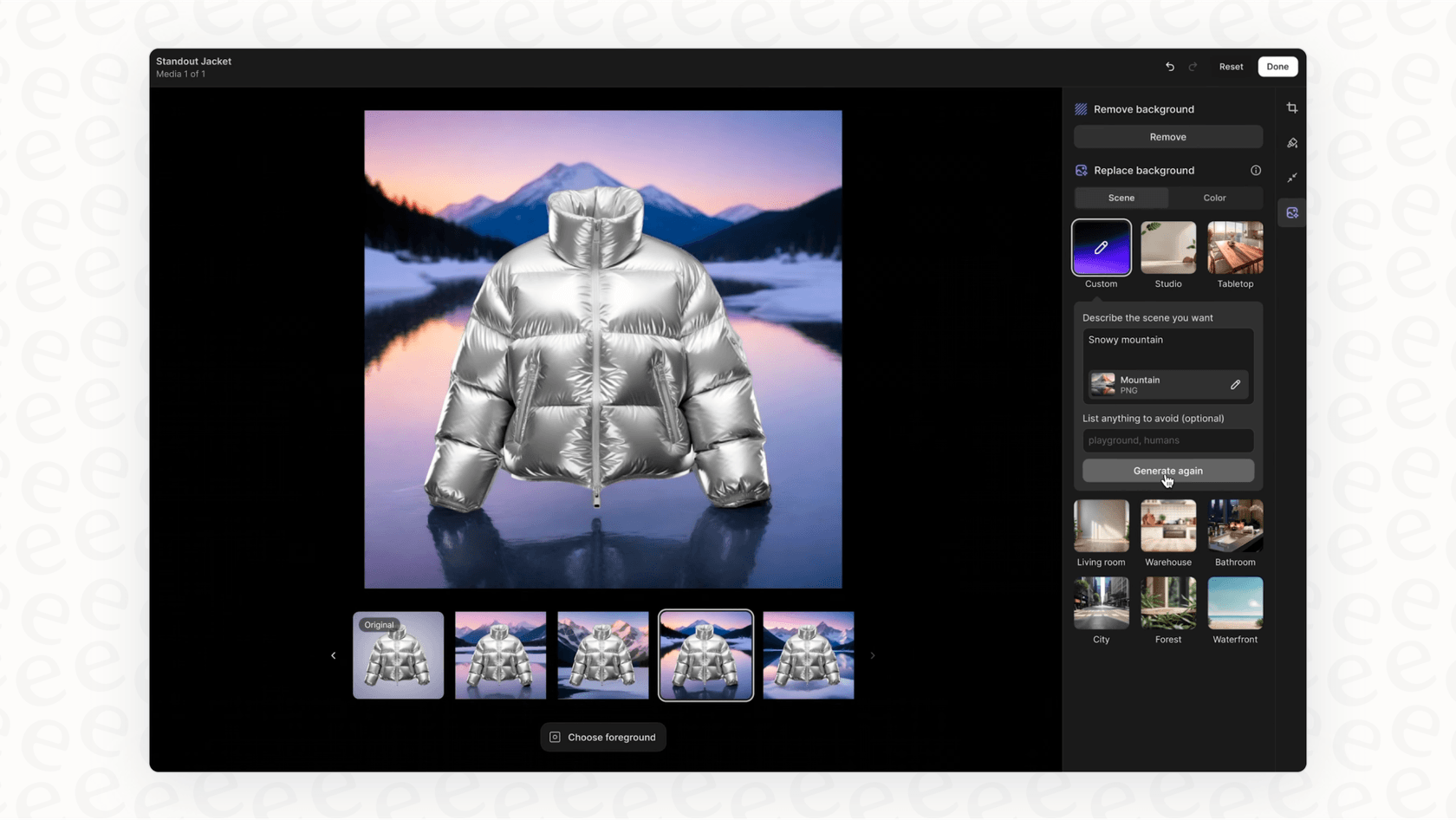 この画像はShopifyのAI商品画像エディタを表示しています。AIでShopifyストアを作成する方法を学ぶ人にとって、この機能はスタジオなしでプロ並みの商品写真を制作するのに非常に価値があり、ストア全体の魅力を高めます。::