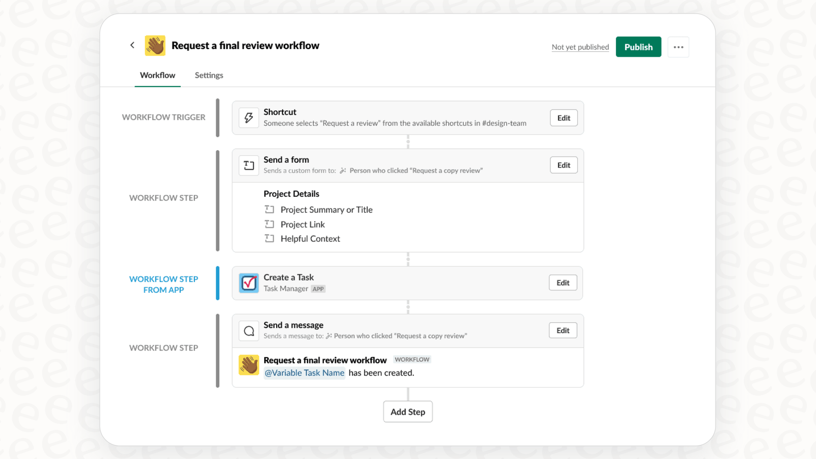 An illustration of the various steps and triggers available in the Slack AI Workflow Builder.
