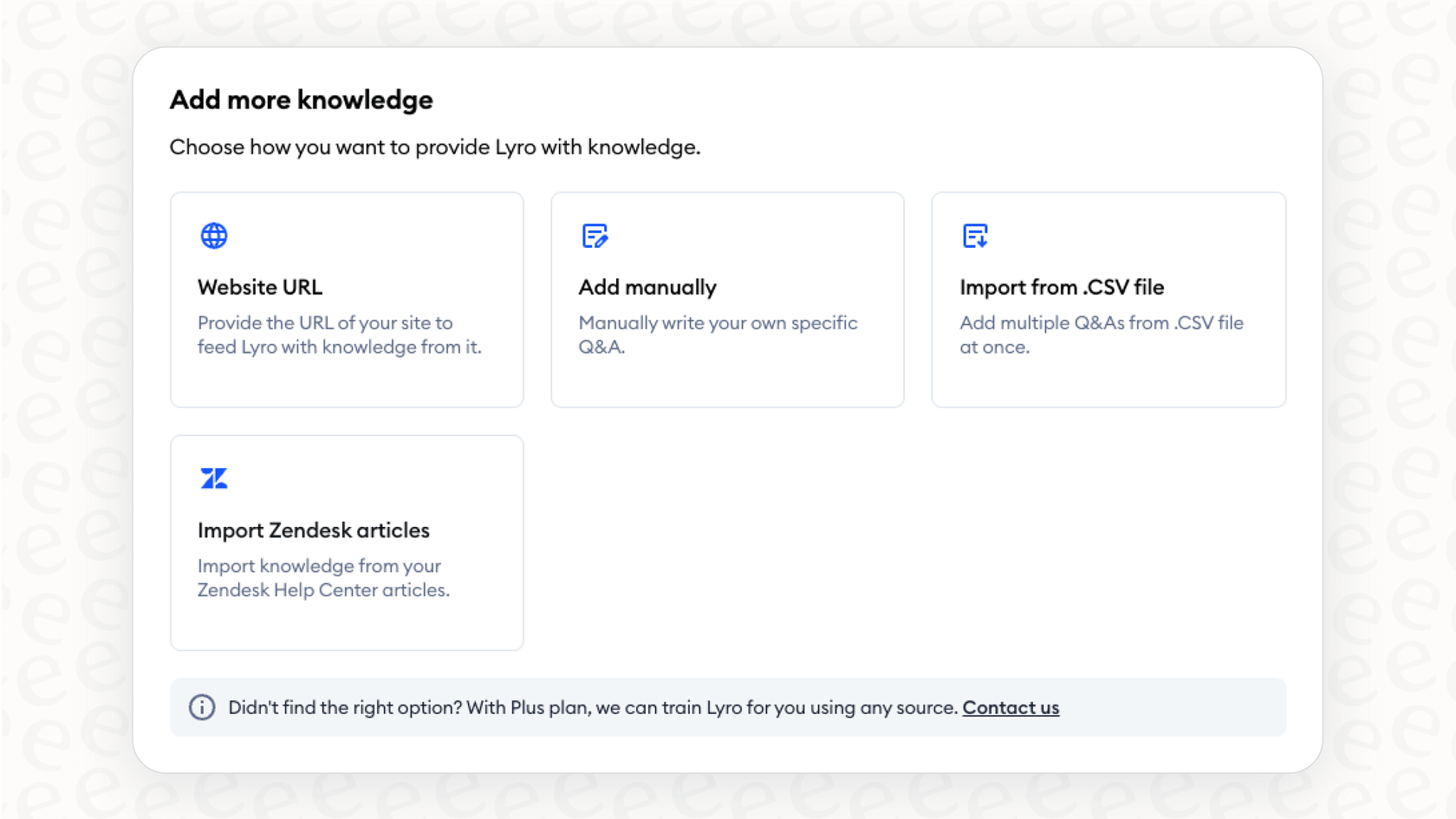 Ein Blick auf den Wissensdatenbank-Builder von Tidio im Tidio Panel, wo Sie Informationen für den Lyro KI-Agenten hinzufügen können.