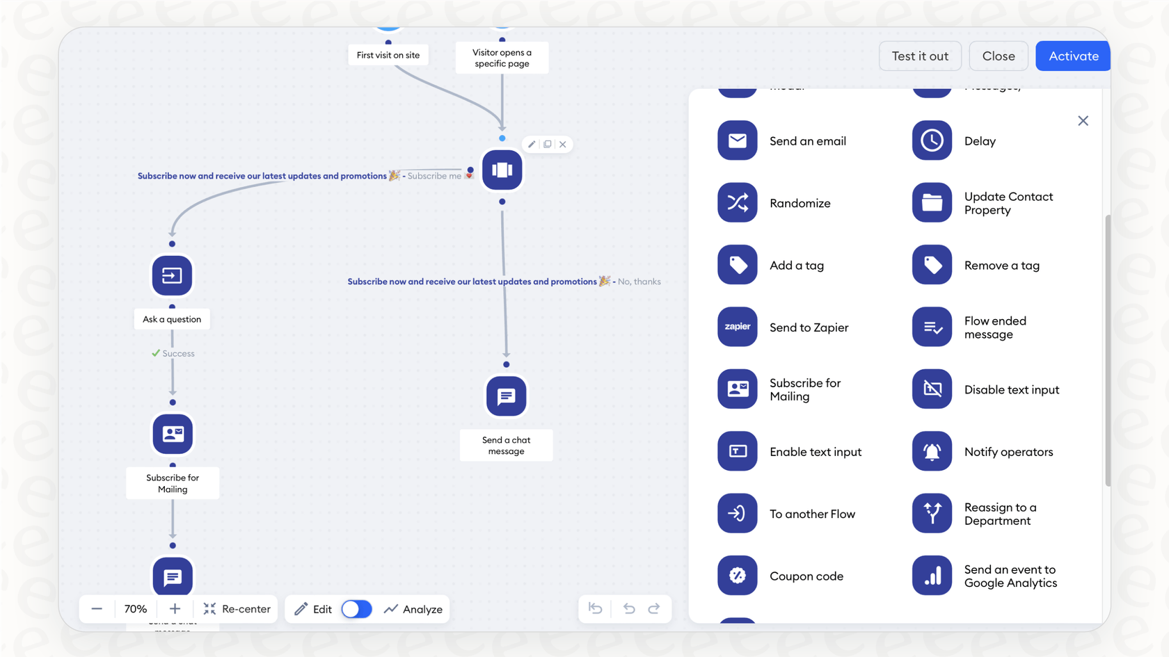 Ein Screenshot der Tidio-Flows-Funktion, mit der Sie automatisierte Chatbot-Konversationen erstellen können. Das Tidio Panel ist im Hintergrund sichtbar.