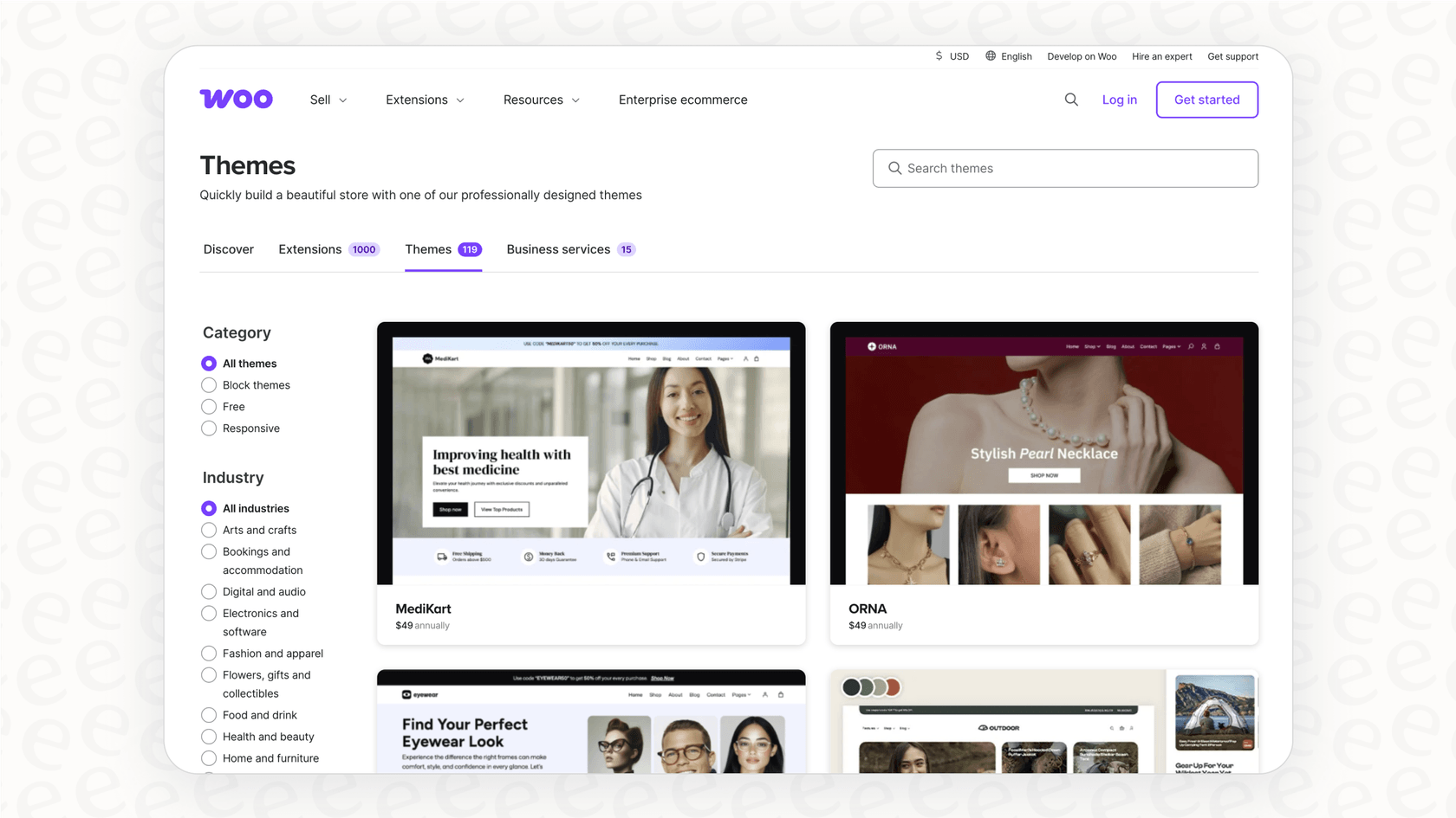 The WooCommerce theme store, showing how different themes can affect the look and WooCommerce pricing of a store.::