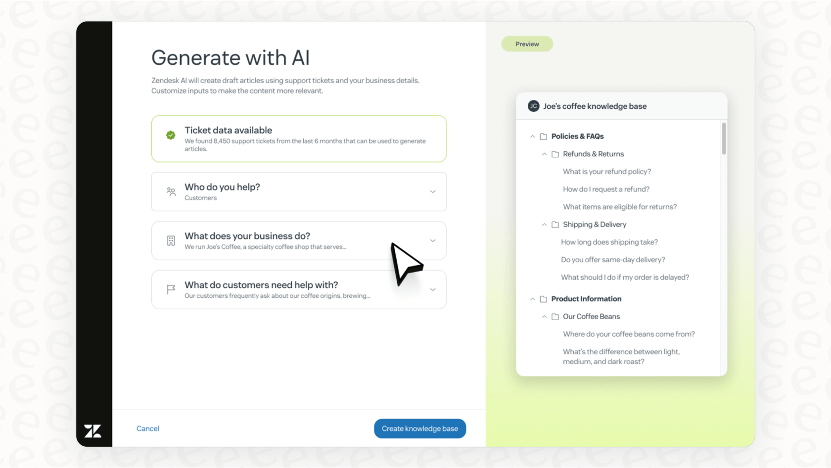 Zendeskヘルプセンターのスクリーンショット。ネイティブのZendesk会話型CRMAIの主要なナレッジソースです。::