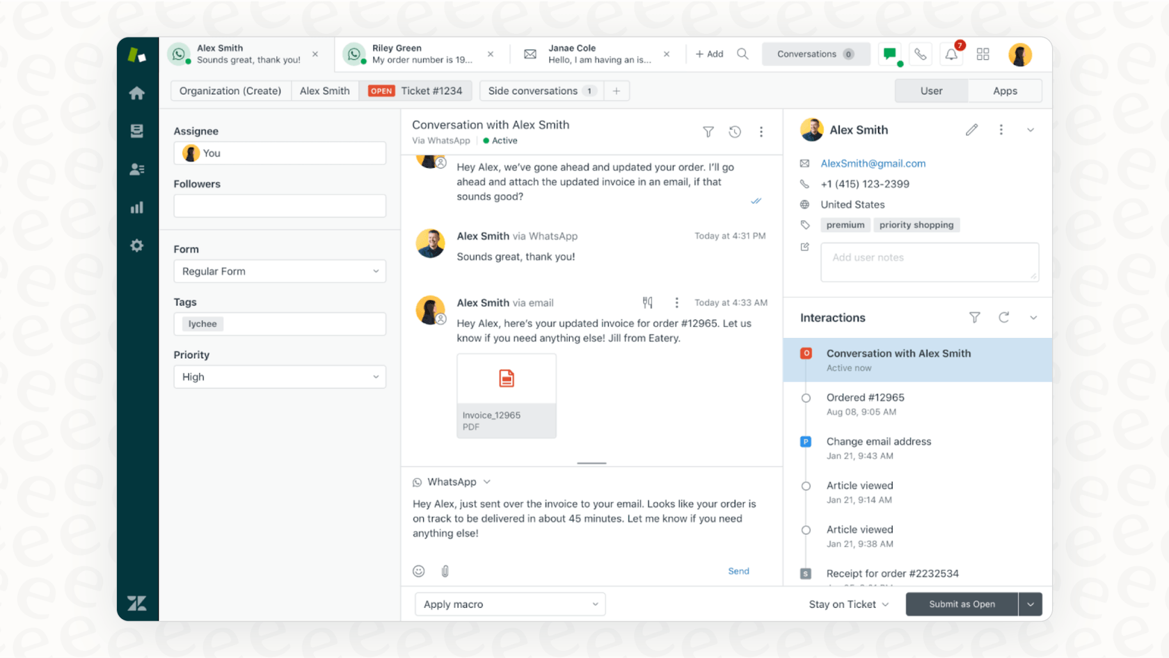 Zendesk for Serviceは、さまざまなカスタマーサポートチャネルをエージェント向けに単一のチケットビューに統合します。