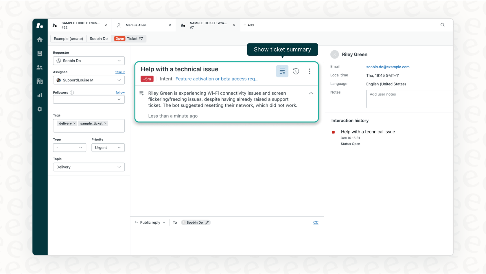 Zendeskインターフェース内で自動生成されたチケット要約のスクリーンショット。Zendesk音声サポートのAI機能を示しています。