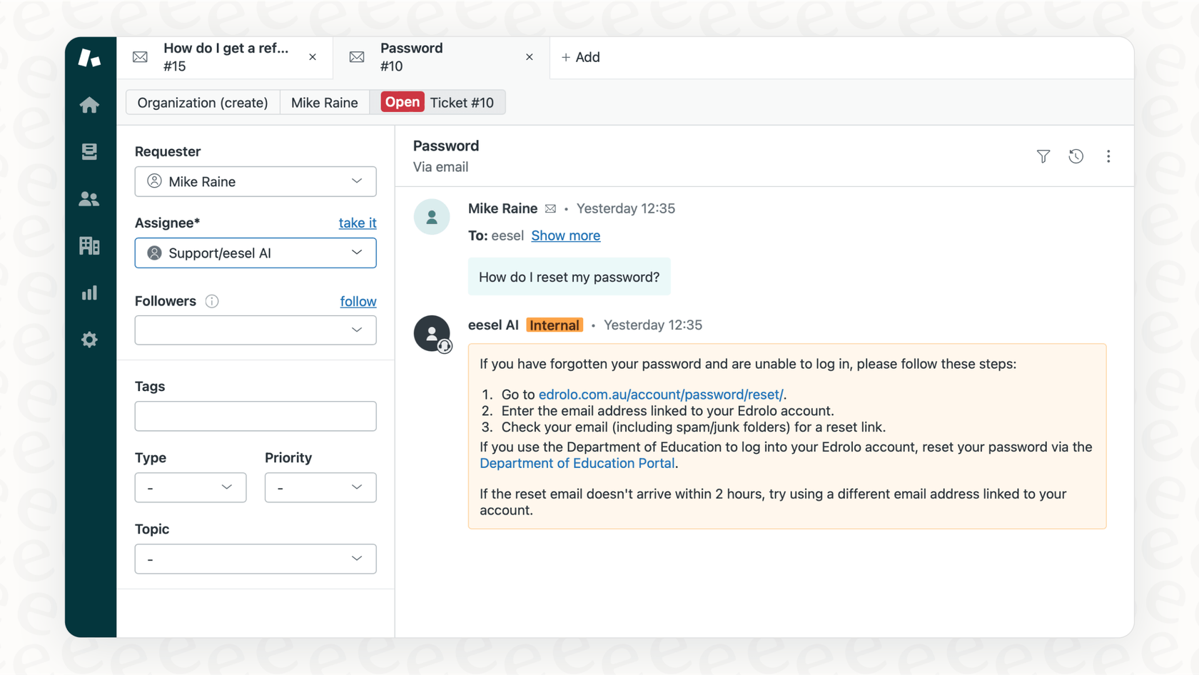 Zendeskプラットフォーム内で動作するeesel AIエージェント。ネイティブのZendesk Voice AI Agentに代わる、より柔軟な選択肢です。