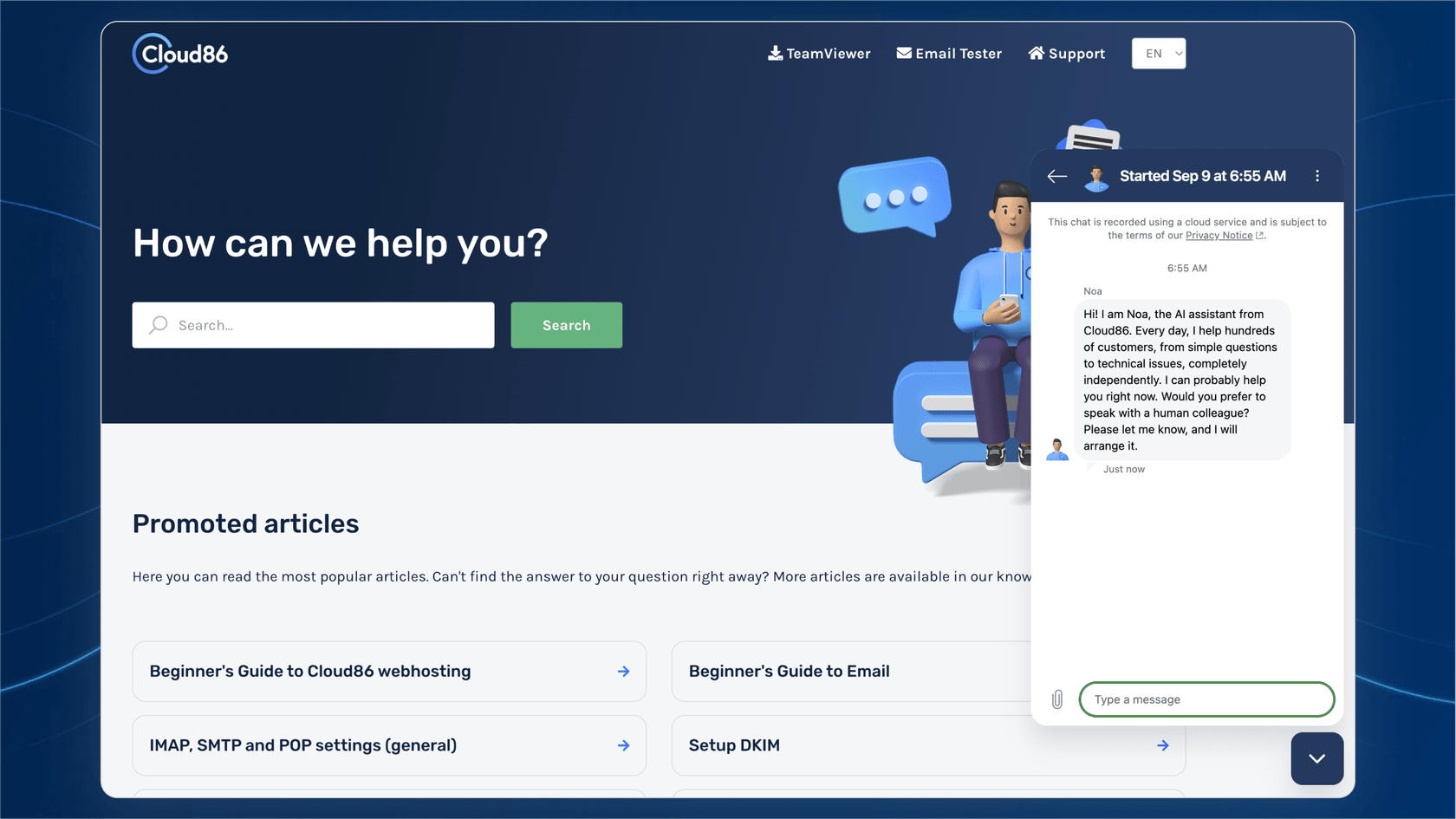 Screenshot of eesel AI chatbot in Cloud86.