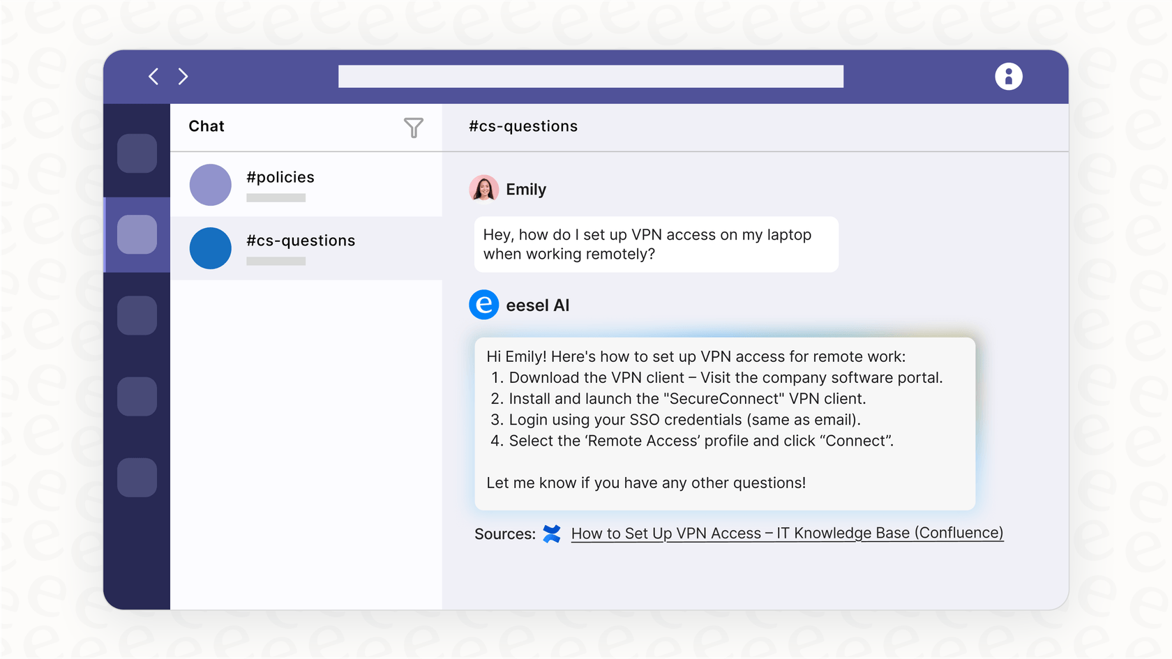 A view of the eesel AI Internal Chat integrated within Microsoft Teams, offered as an alternative solution to challenges not covered by standard Microsoft Teams pricing.