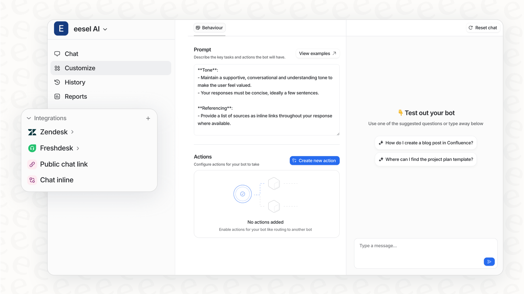 A screenshot of eesel AI's integrations page, showing how it connects with multiple apps to unify knowledge and avoid the plugin conflicts that increase Jenkins pricing.