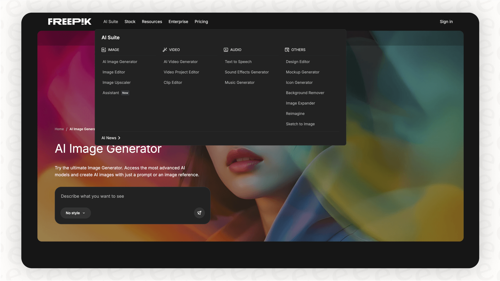 A view of the dashboard for the Freepik AI content generation suite, highlighting the different creative tools available.