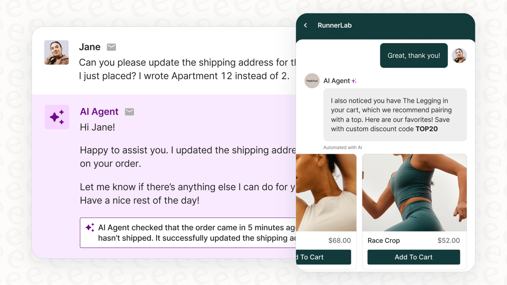 Eine Ansicht des Gorgias AI Agent Shopping Assistant, der im Chat-Fenster intelligente, personalisierte Produktempfehlungen gibt.