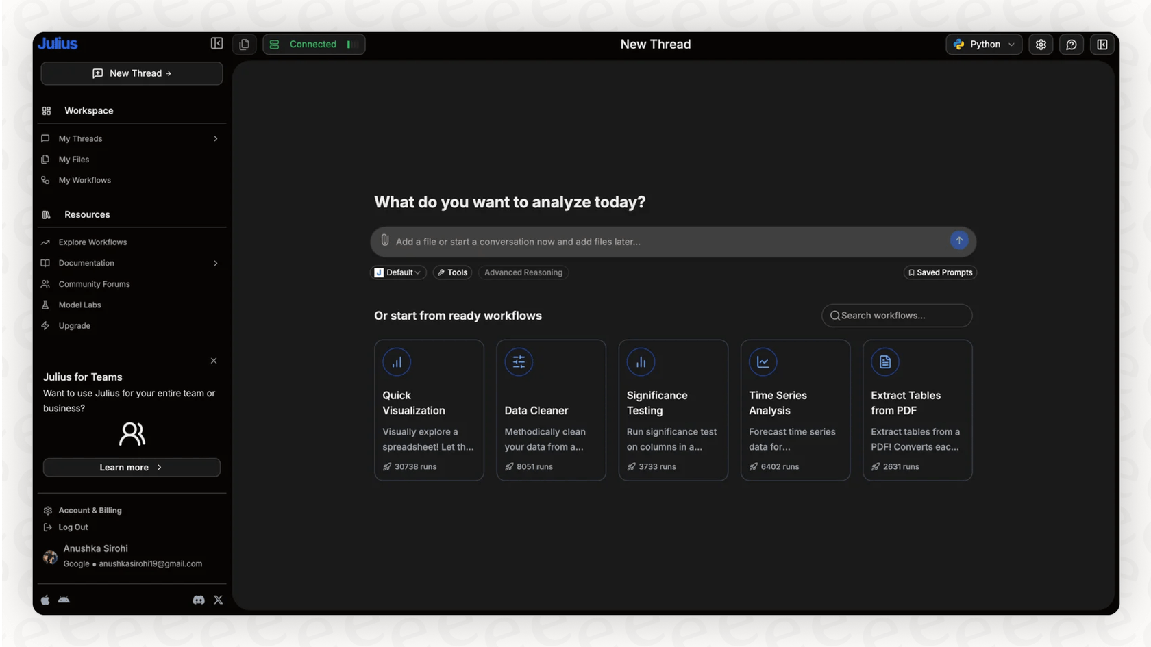 A user interacts with the Julius AI chatbot to get insights from their data.