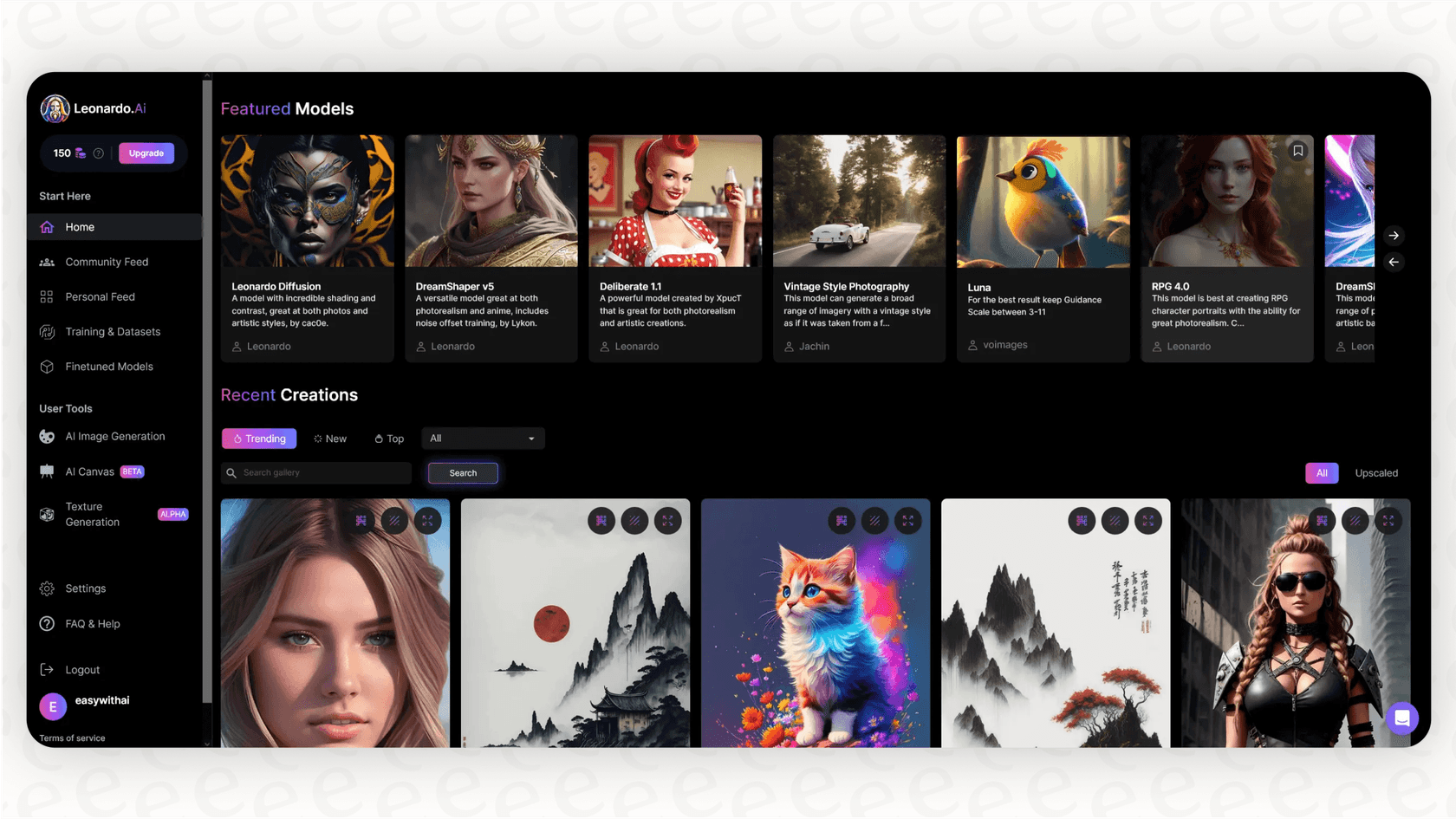 A screenshot showing the main dashboard of Leonardo AI, highlighting the layout for creating visual assets.