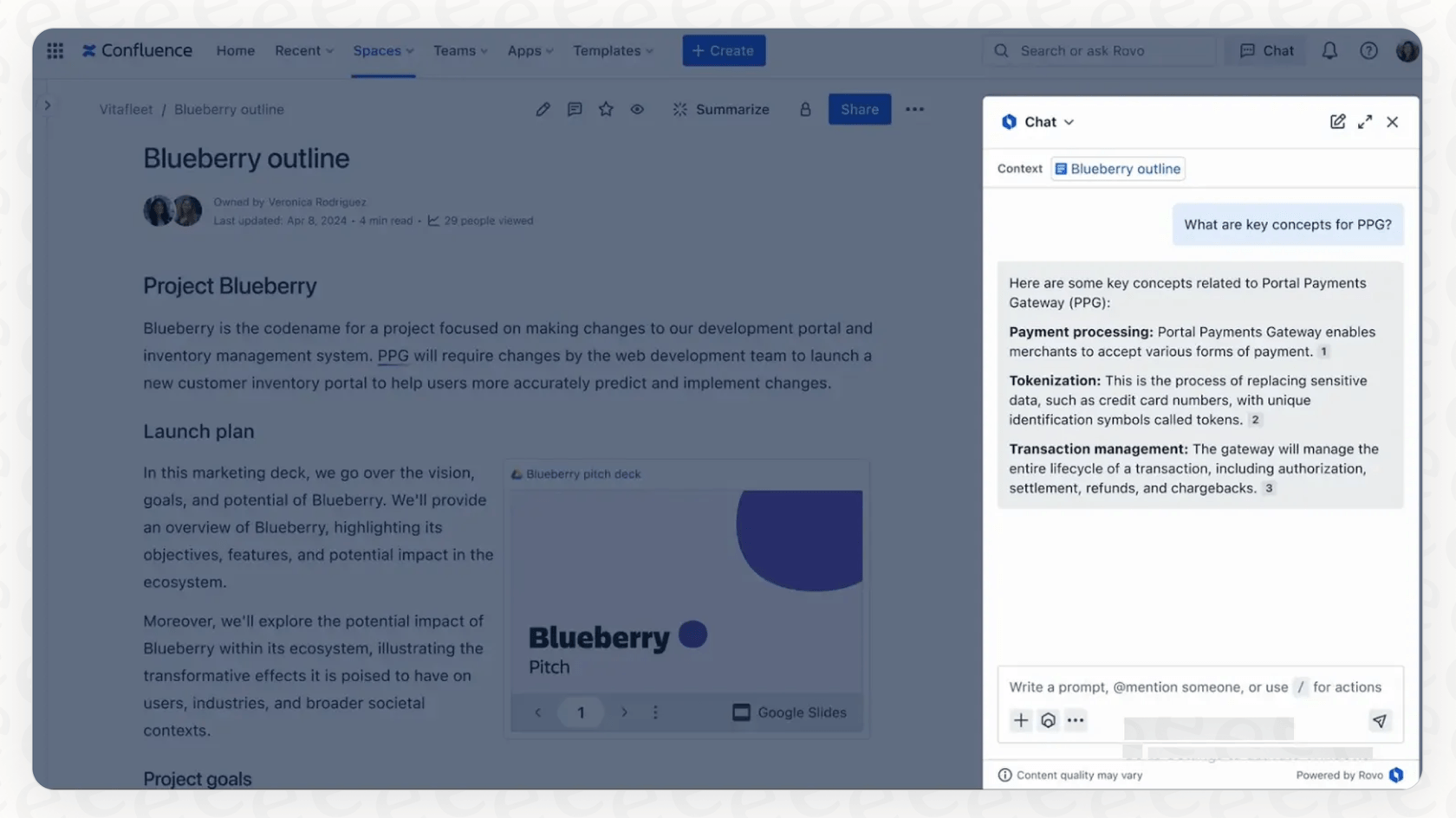 A screenshot of the Rovo Chat interface, demonstrating how a user can ask questions and receive AI-generated answers.