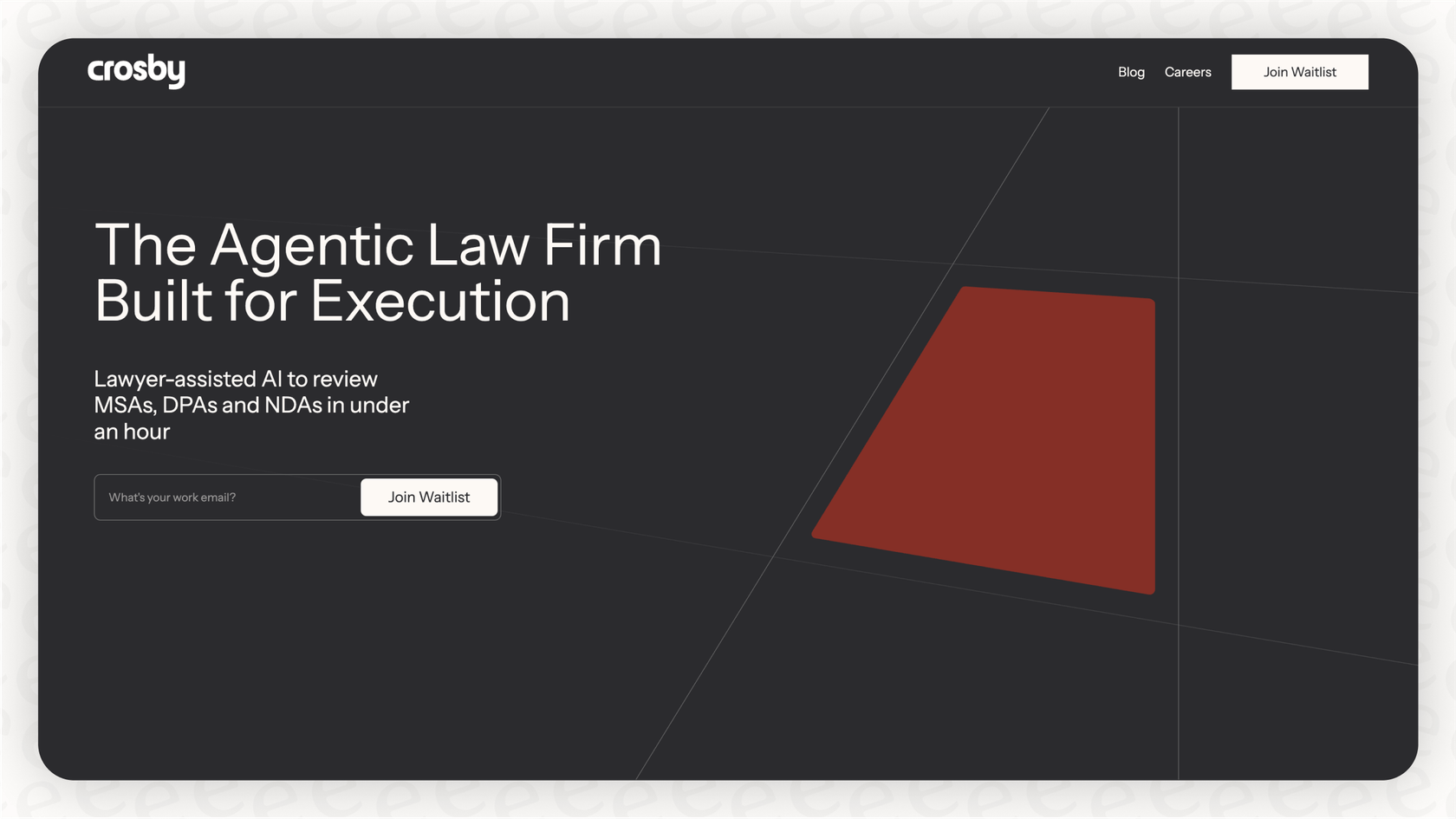 A screenshot of Crosby's landing page with an email form to join the waitlist.
