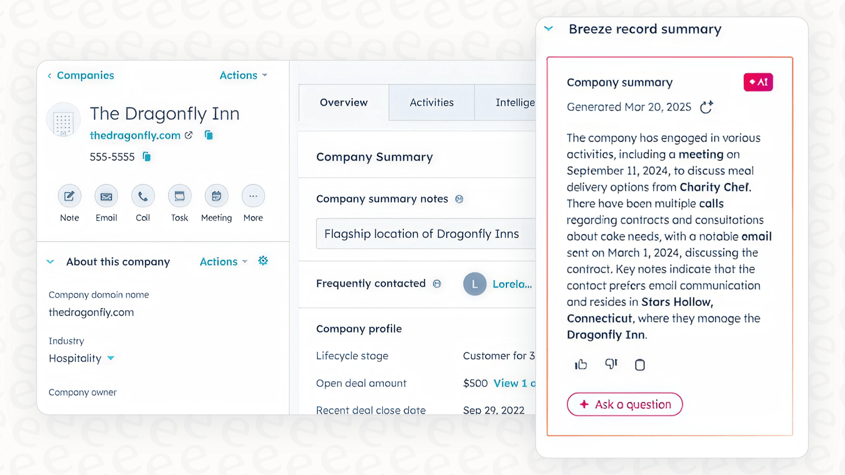 A view of the HubSpot Breeze assistant providing a data summary for a contact record.