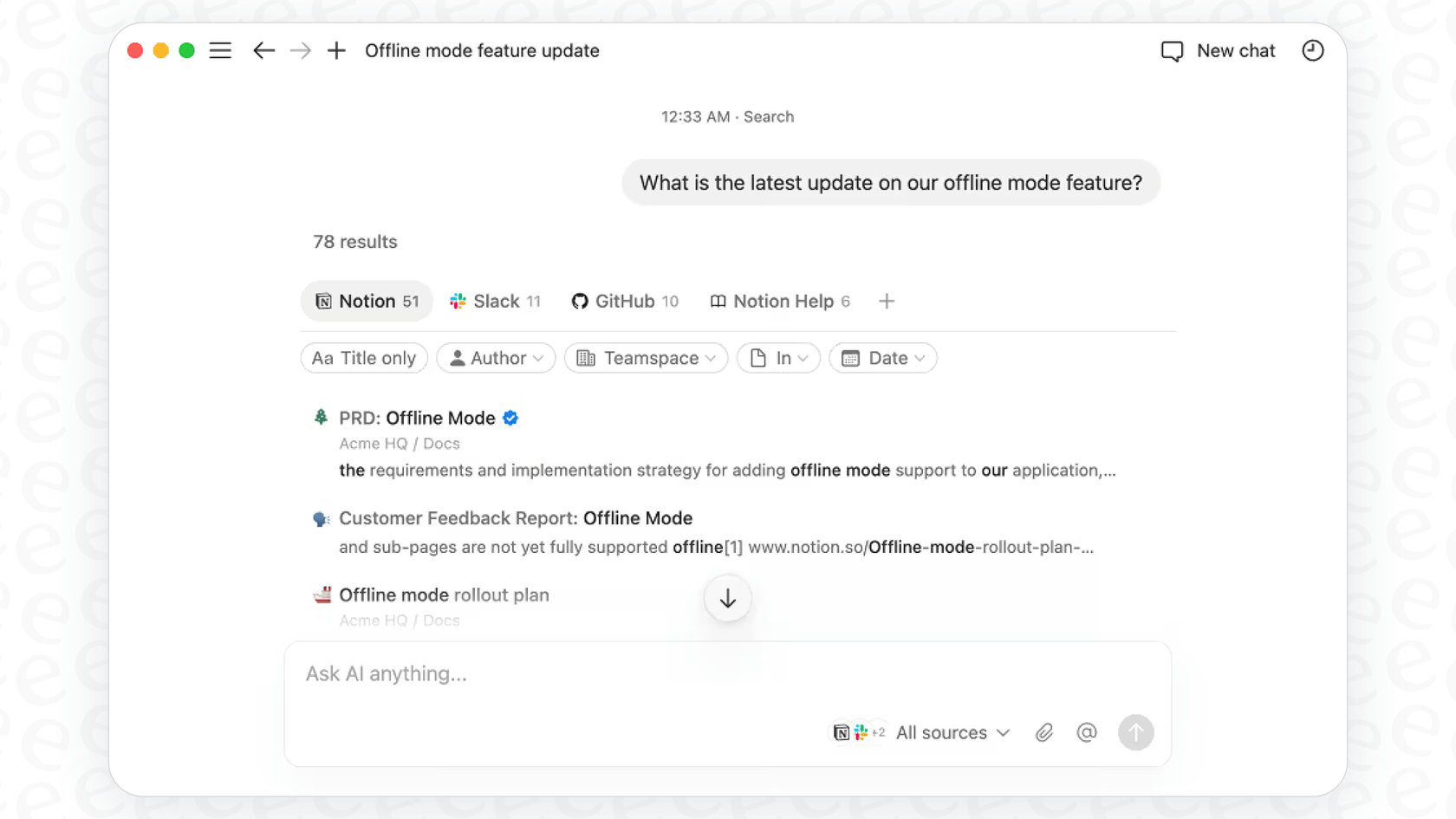 A screenshot demonstrating how the Notion Enterprise Search feature provides a direct answer to a question, improving knowledge discovery.