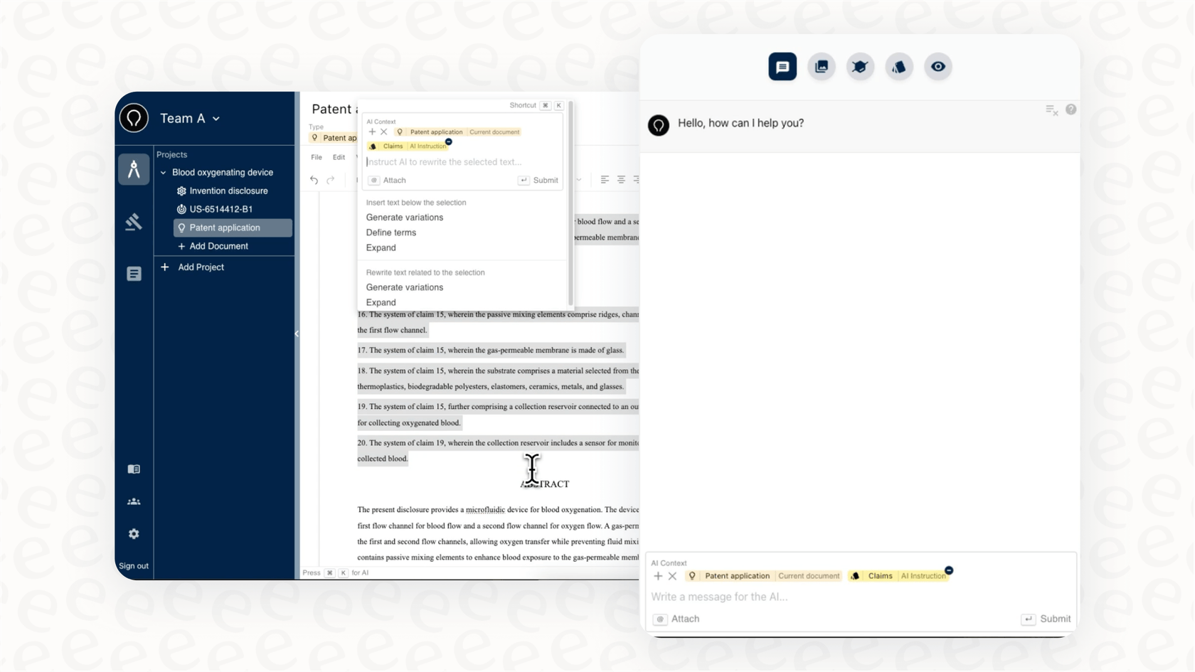 A view of an AI copilot assisting with document drafting, a key factor in Solve Intelligence pricing.