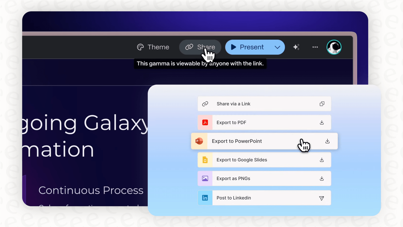 A screenshot showing the various options for sharing a completed training presentation in Gamma.