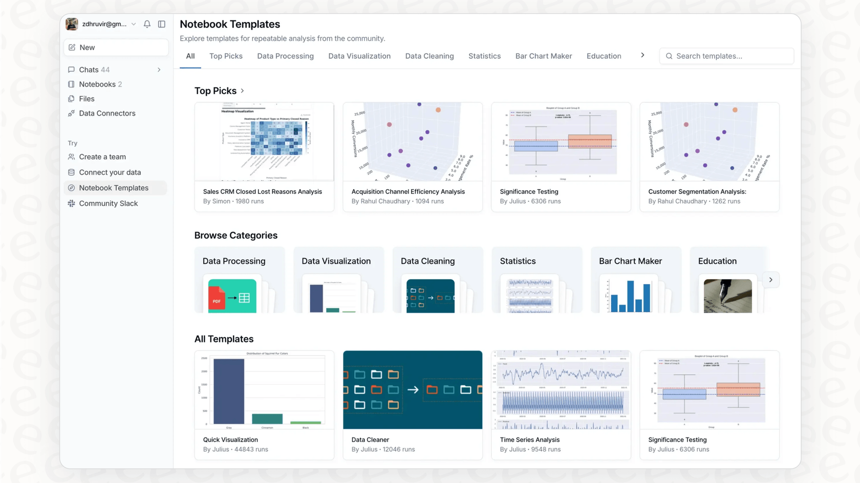 A screenshot of the Julius AI Notebooks feature that allows for repeatable data analysis tasks.