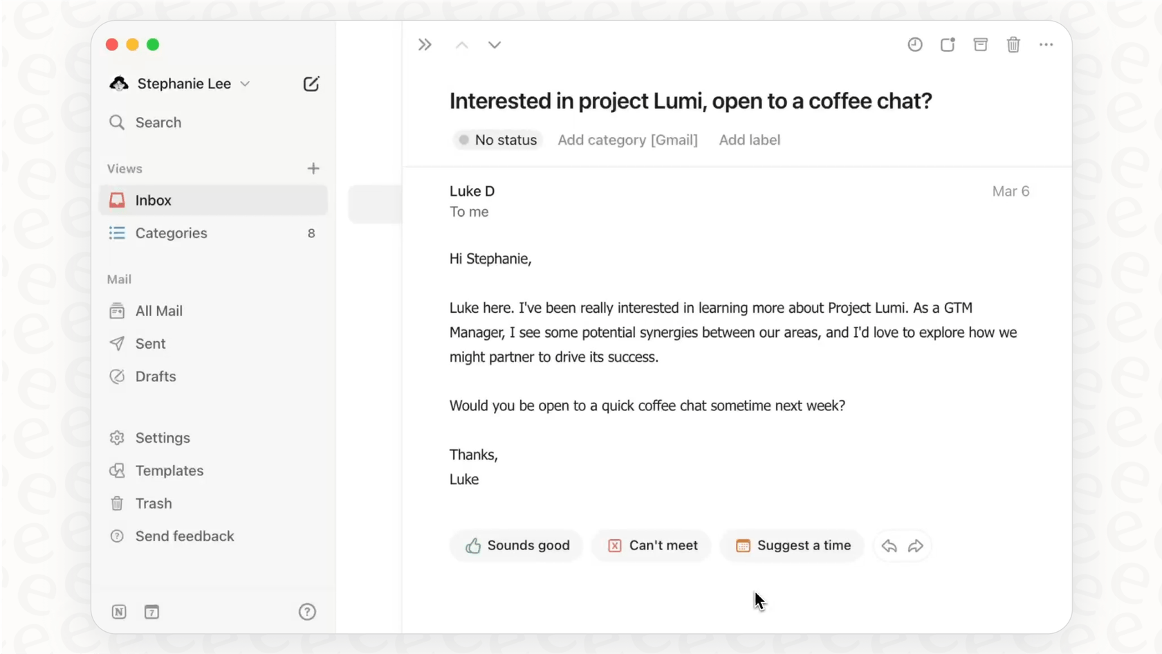 A screenshot for a Notion Mail overview displaying the AI-assisted writing and snippets feature inside the email composer.