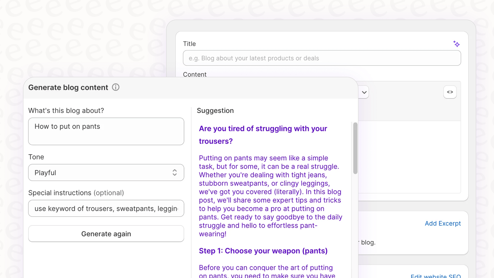 A screenshot demonstrating the text generation interface for the Shopify Magic AI Tools in Theme Editor, with options for keywords and tone of voice.
