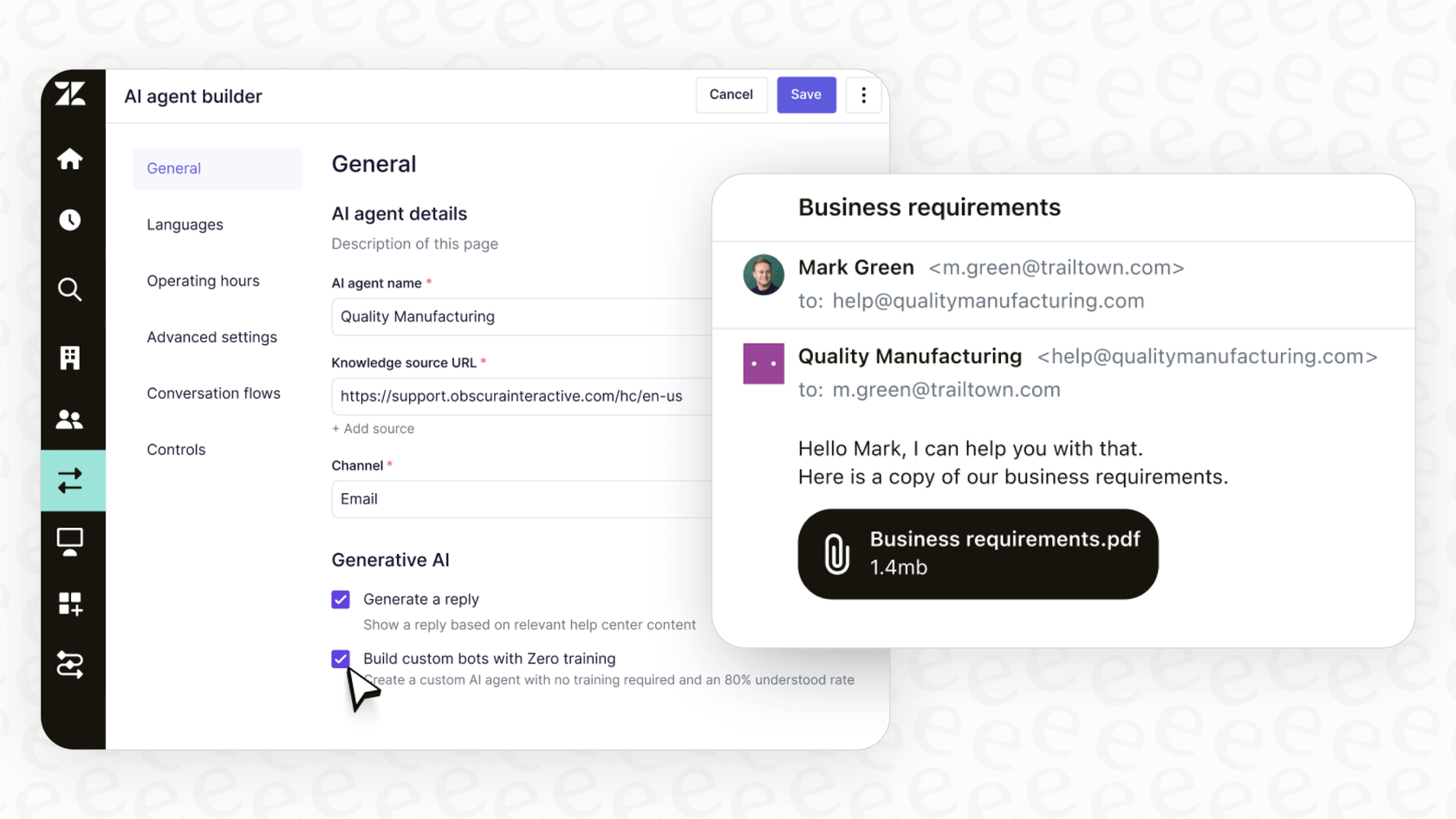 Screenshot of bot creation in Zendesk.