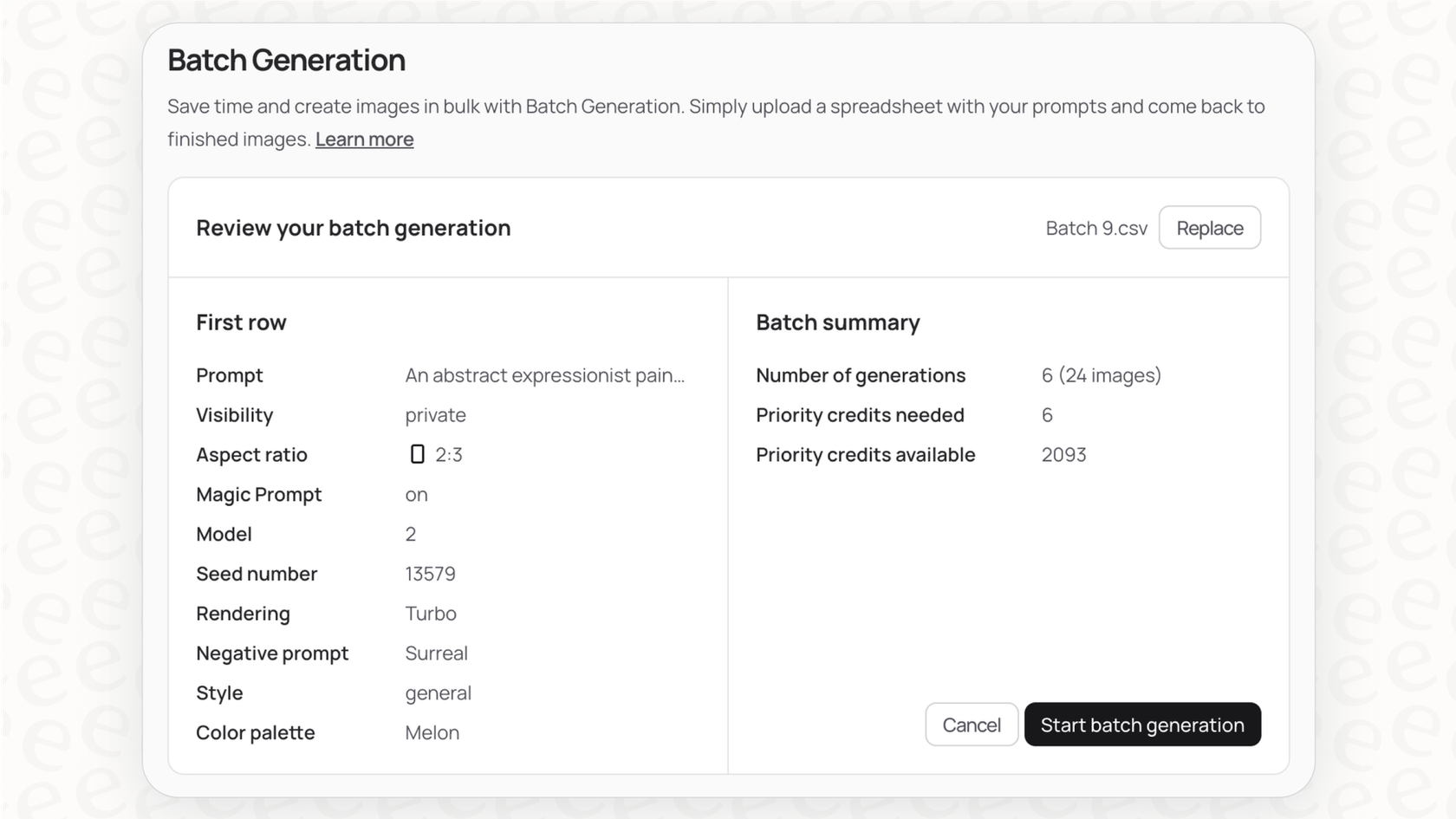 The user interface for batch generation in Ideogram, a tool that allows creating many images from a CSV file.