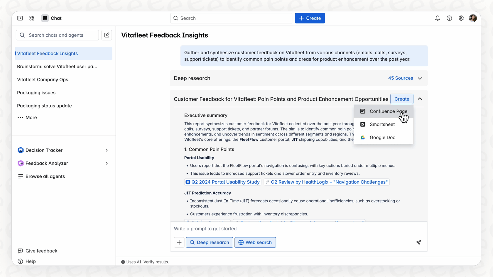 A screenshot demonstrating the user interface of Rovo Deep Research, where a user inputs a query to start an investigation.