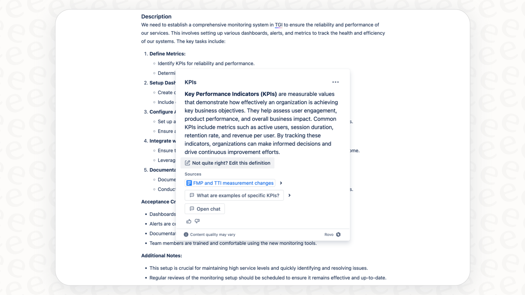 A user interacts with the Rovo Definitions feature in Atlassian, getting an AI-generated answer instantly.