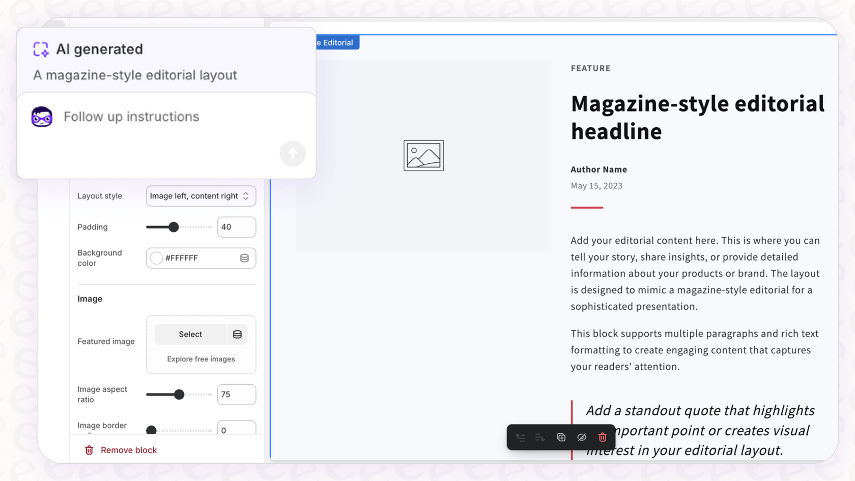 A screenshot illustrating how users can generate custom theme blocks using Shopify Magic AI Tools in Theme Editor by describing the desired section.
