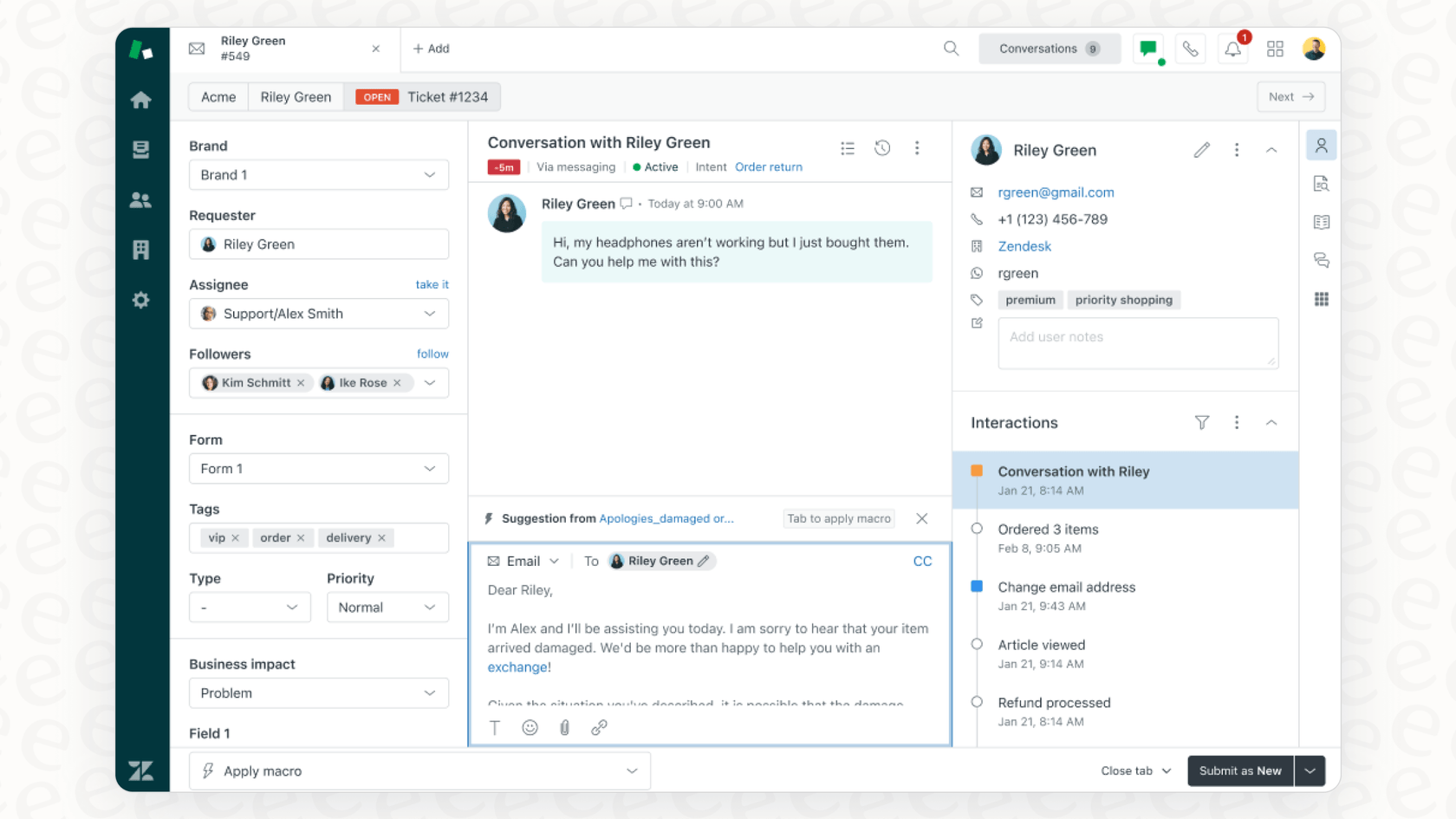 Zendeskの生成型返信機能のスクリーンショット。