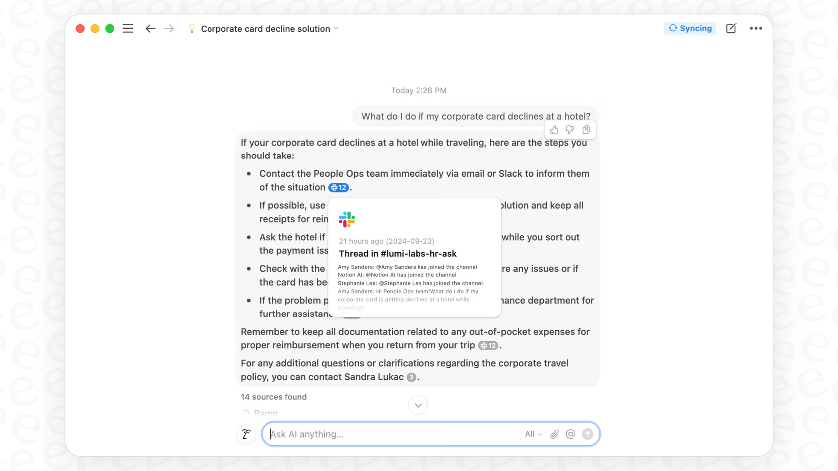 A user asks the Notion AI Slack Connector a question and gets an answer summarized from a Slack discussion.