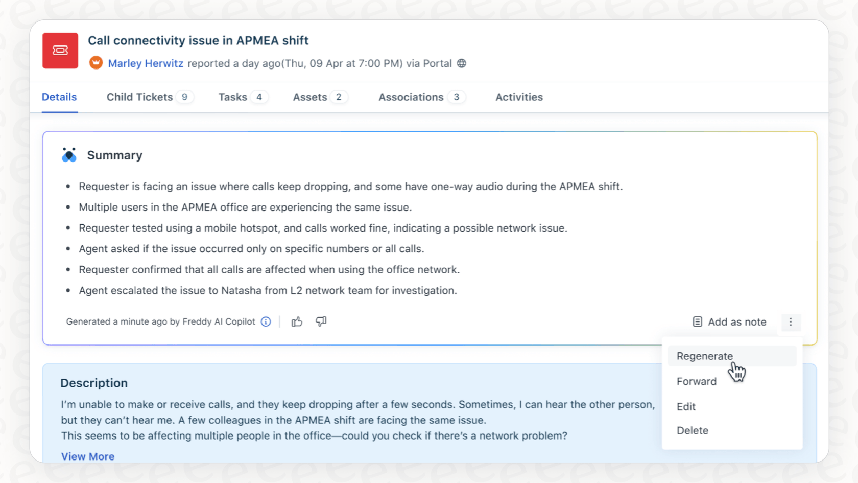 A screenshot showing the output of the Freddy AI summarize feature, with clear sections for the issue, steps taken, and outcome.