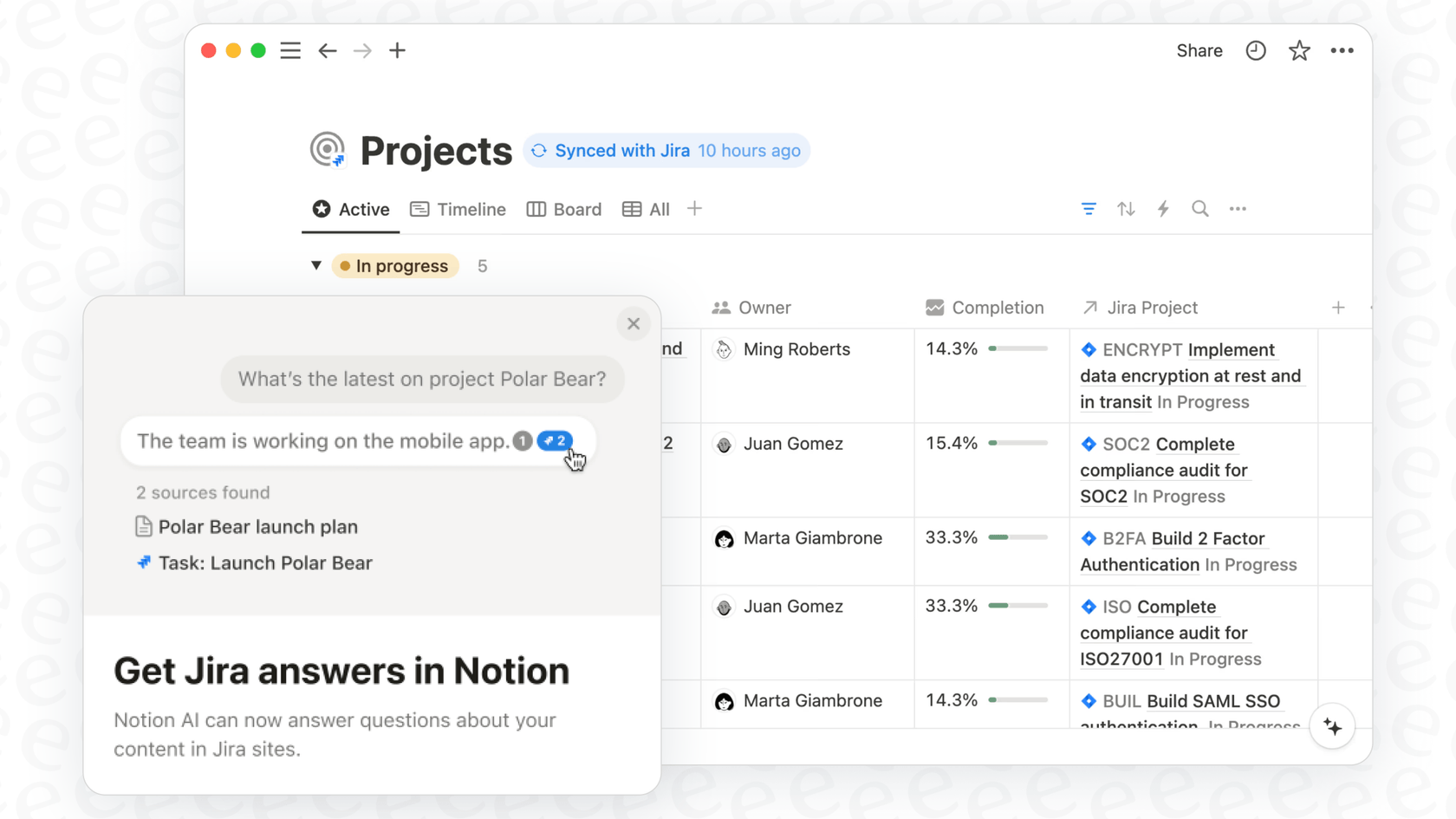 Screenshot der Integration von Jira in Notion, in Form von Q&A und Datenbanktabellen.