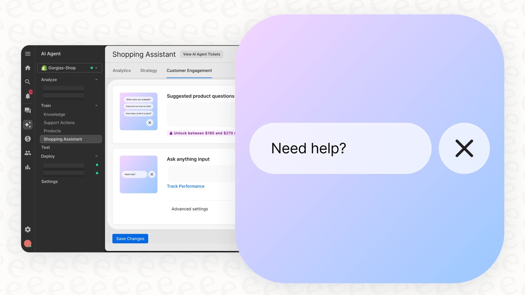 Un exemple visuel de la fonctionnalité de saisie « Ask Anything » de Gorgias AI sur un site Web en direct, démontrant comment elle incite les utilisateurs à poser des questions.