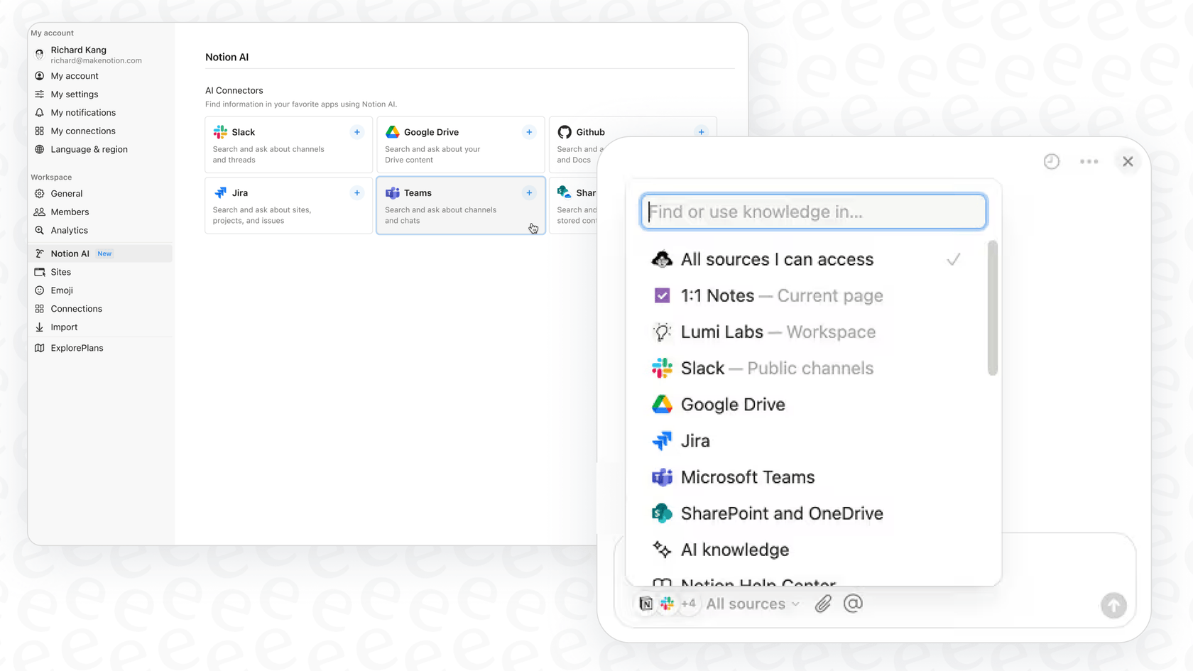 A user asks the Notion AI Microsoft Teams Connector a question and gets an answer sourced from a Teams conversation.