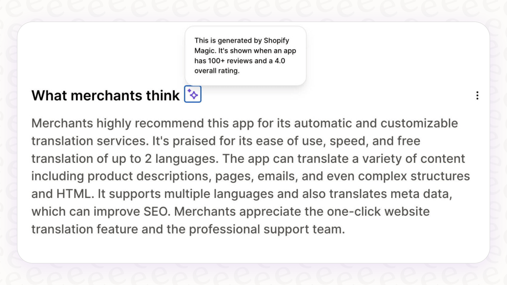 A screenshot demonstrating the Shopify Magic App Review Summaries on a Shopify app page.