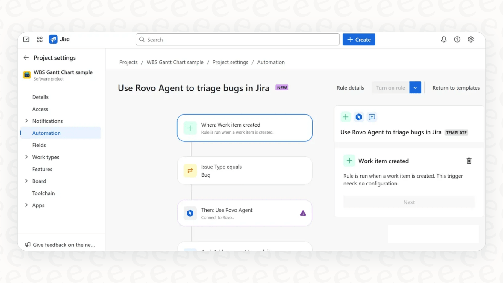 Rovo AI ActionsがJiraのワークフローを自動化する例（バグ報告が自動的に割り当てられる様子）。