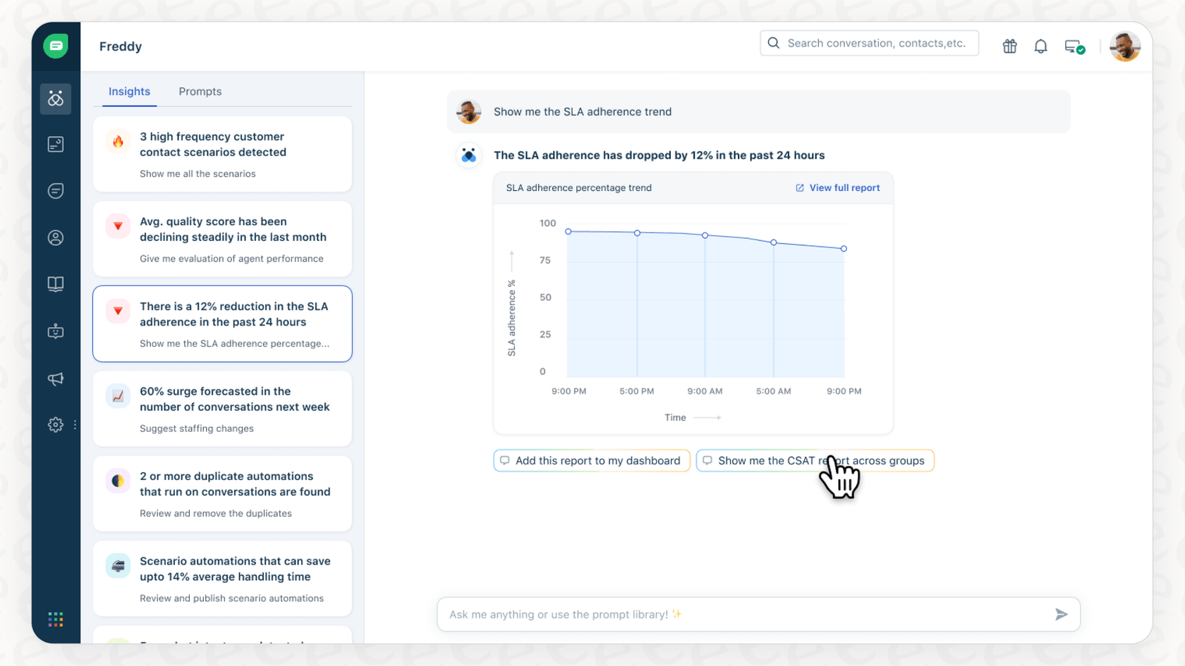 A screenshot of the Freddy Insights conversational analytics feature, which allows users to ask questions about their data in natural language.