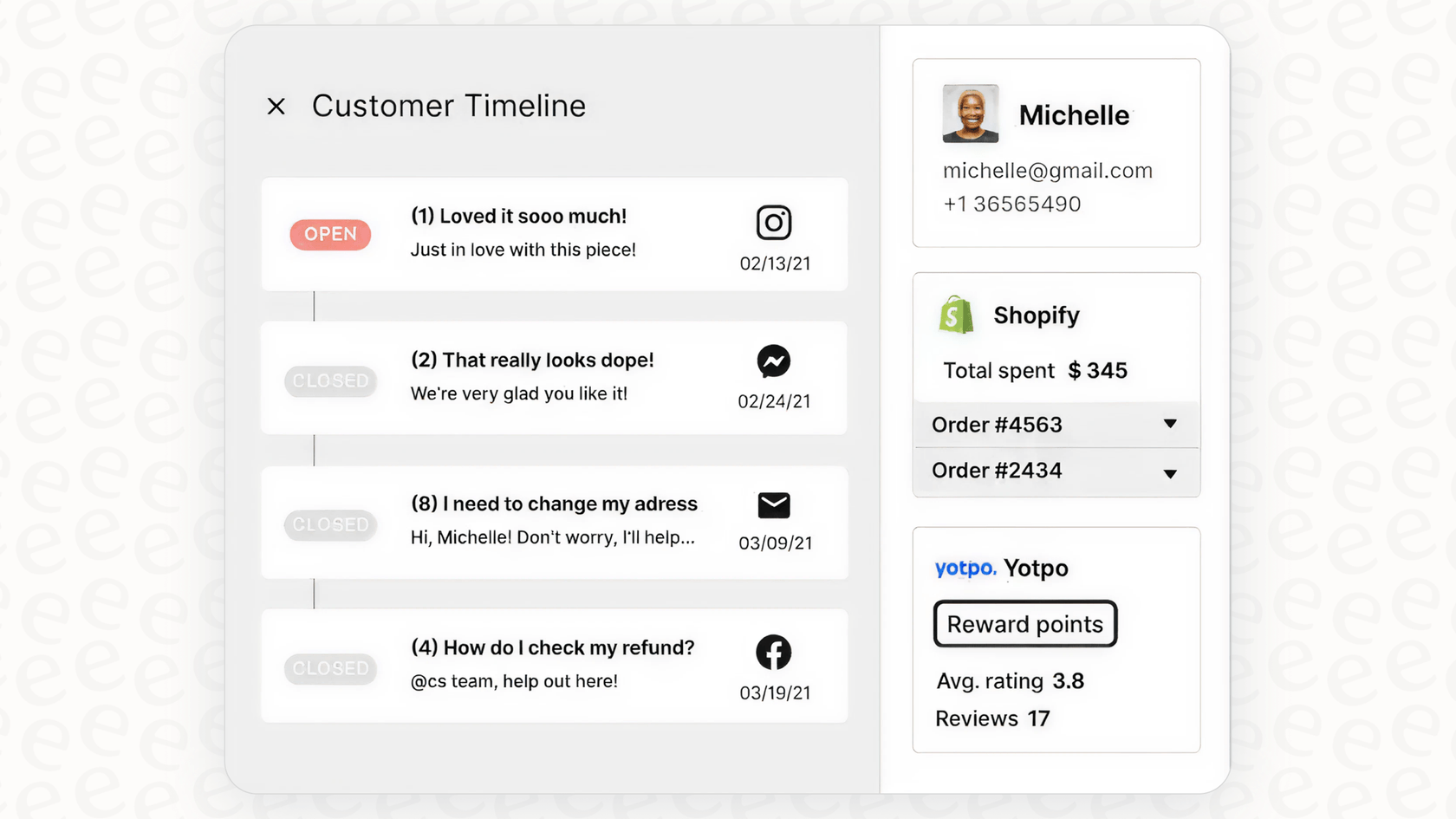 A screenshot of the Gorgias customer timeline, which helps teams understand the full context of a customer's interactions.