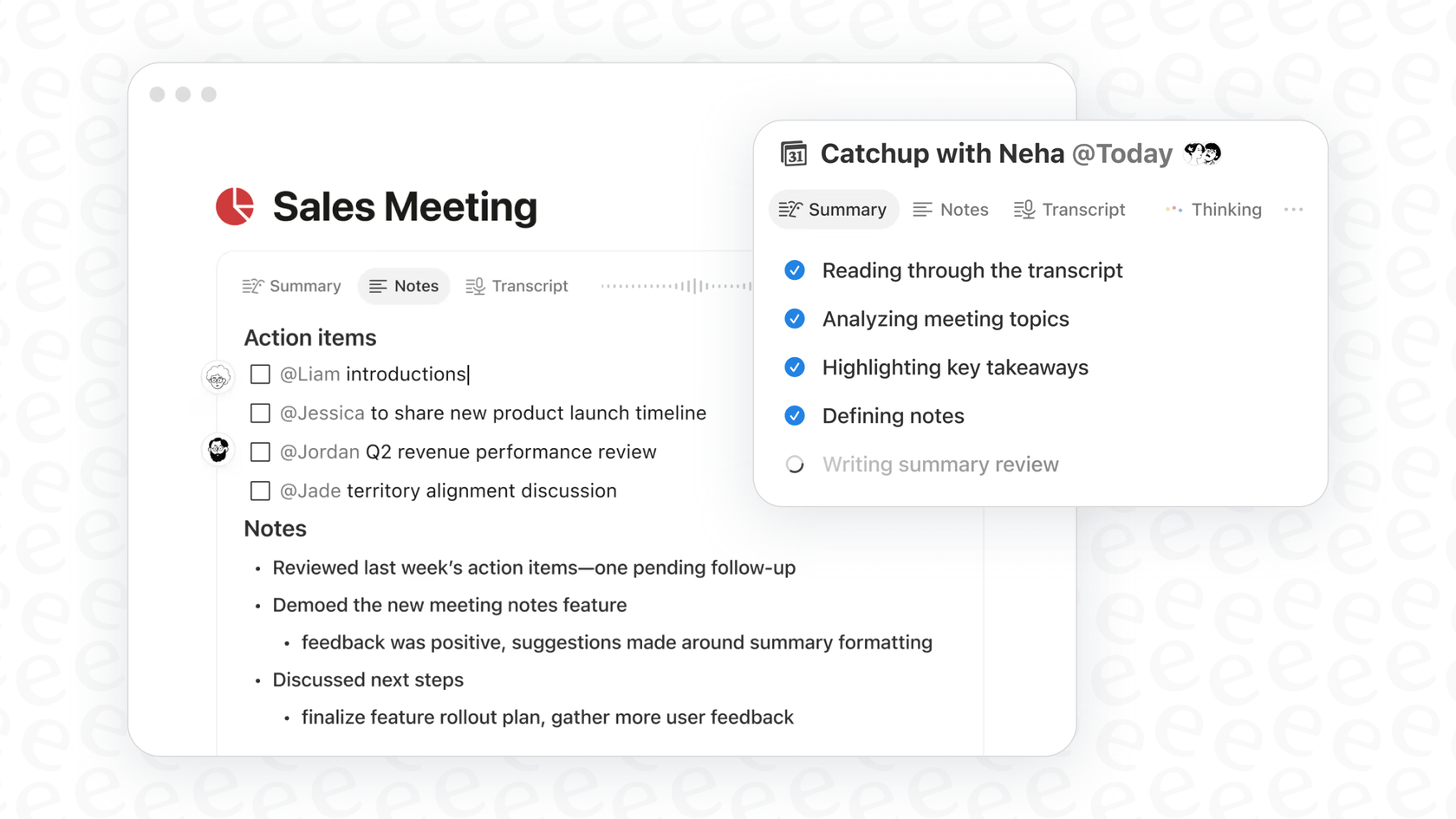 A screenshot showing Notion AI generating a summary and action items from meeting notes. This illustrates the Notion AI action items extraction feature.