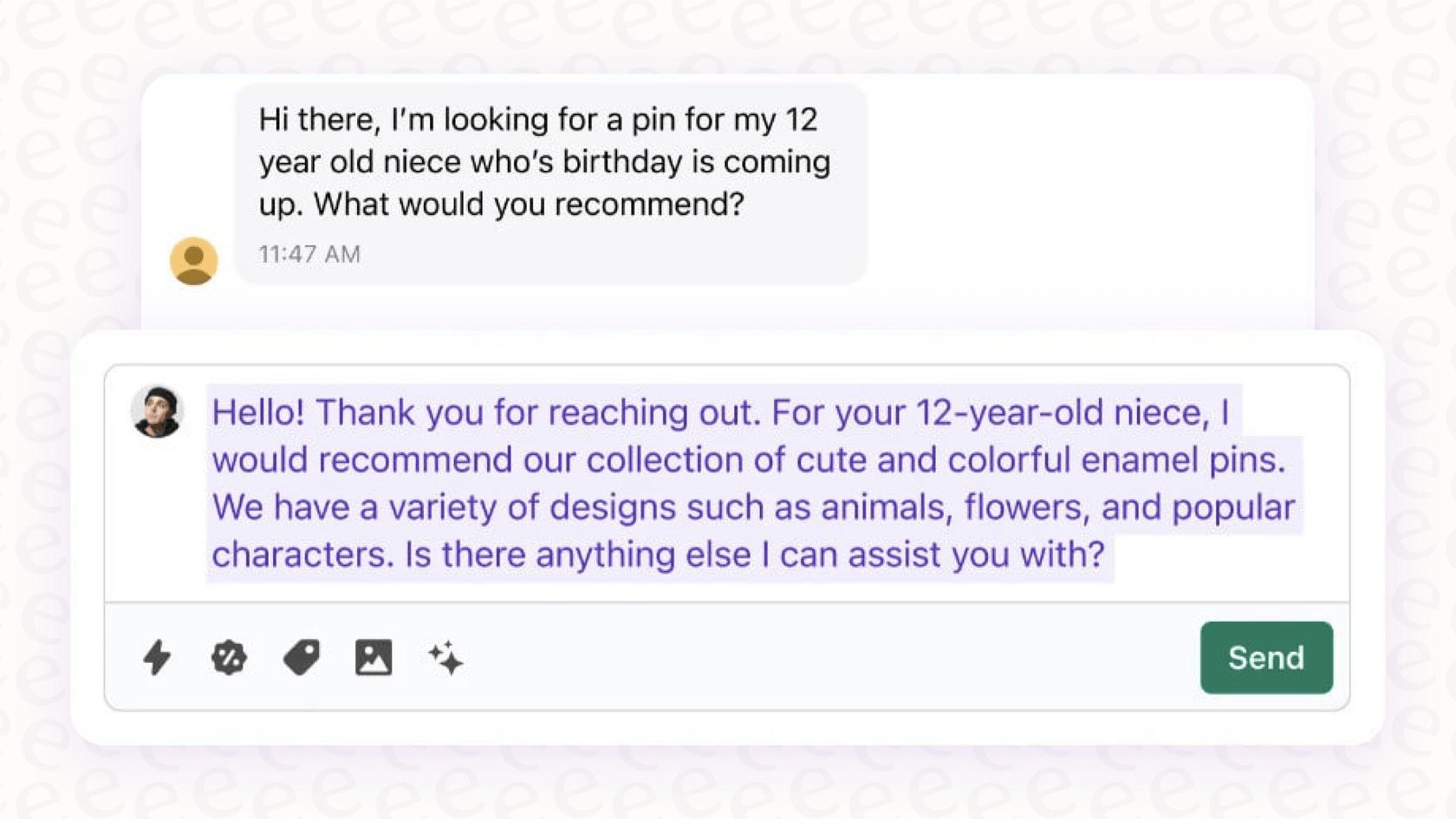 A Shopify support agent using the Shopify Magic AI Suggested Replies feature to respond to a customer query in Shopify Inbox.