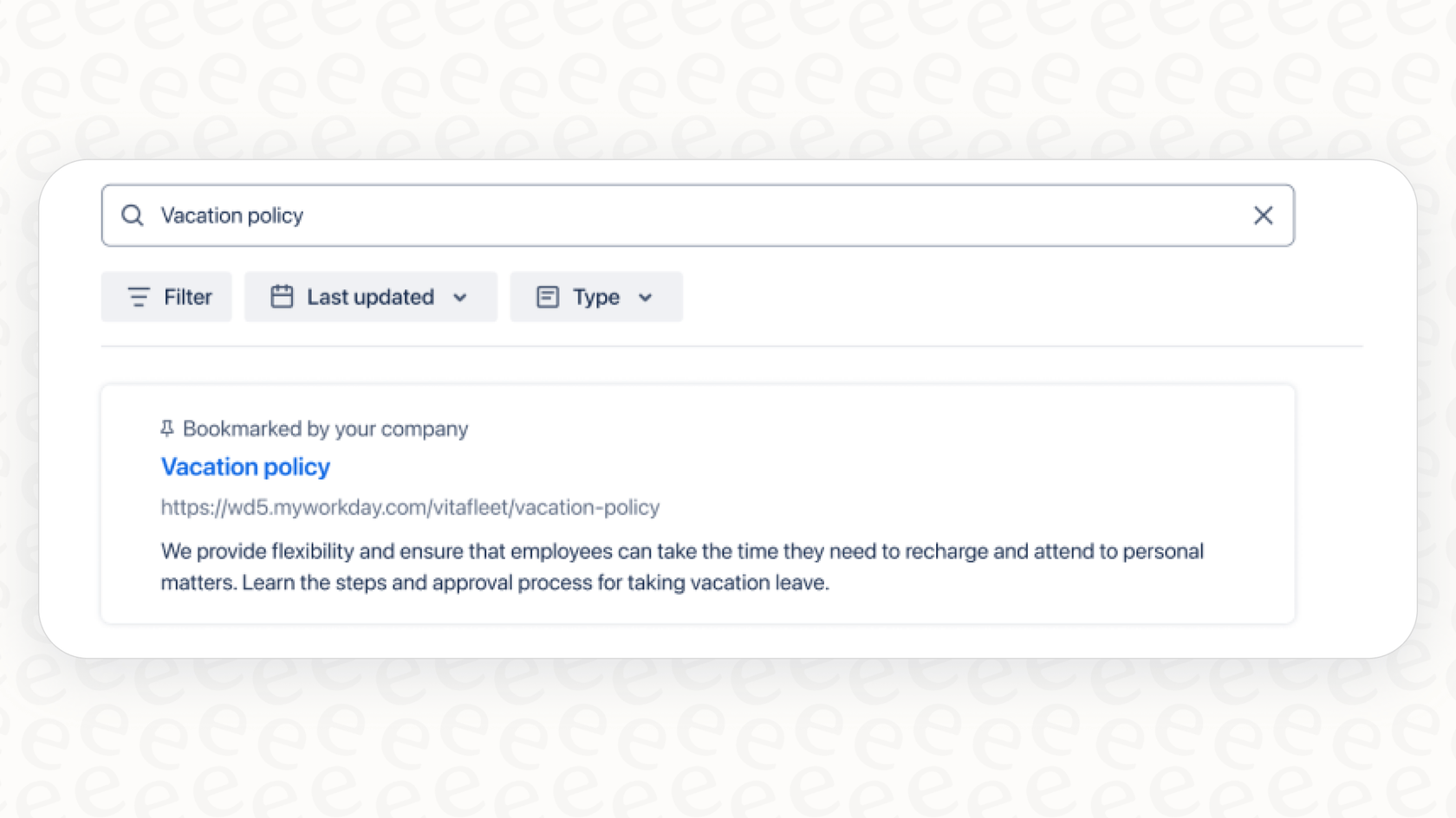Screenshot showing how Rovo Bookmarking pins a specific URL to the top of search results.