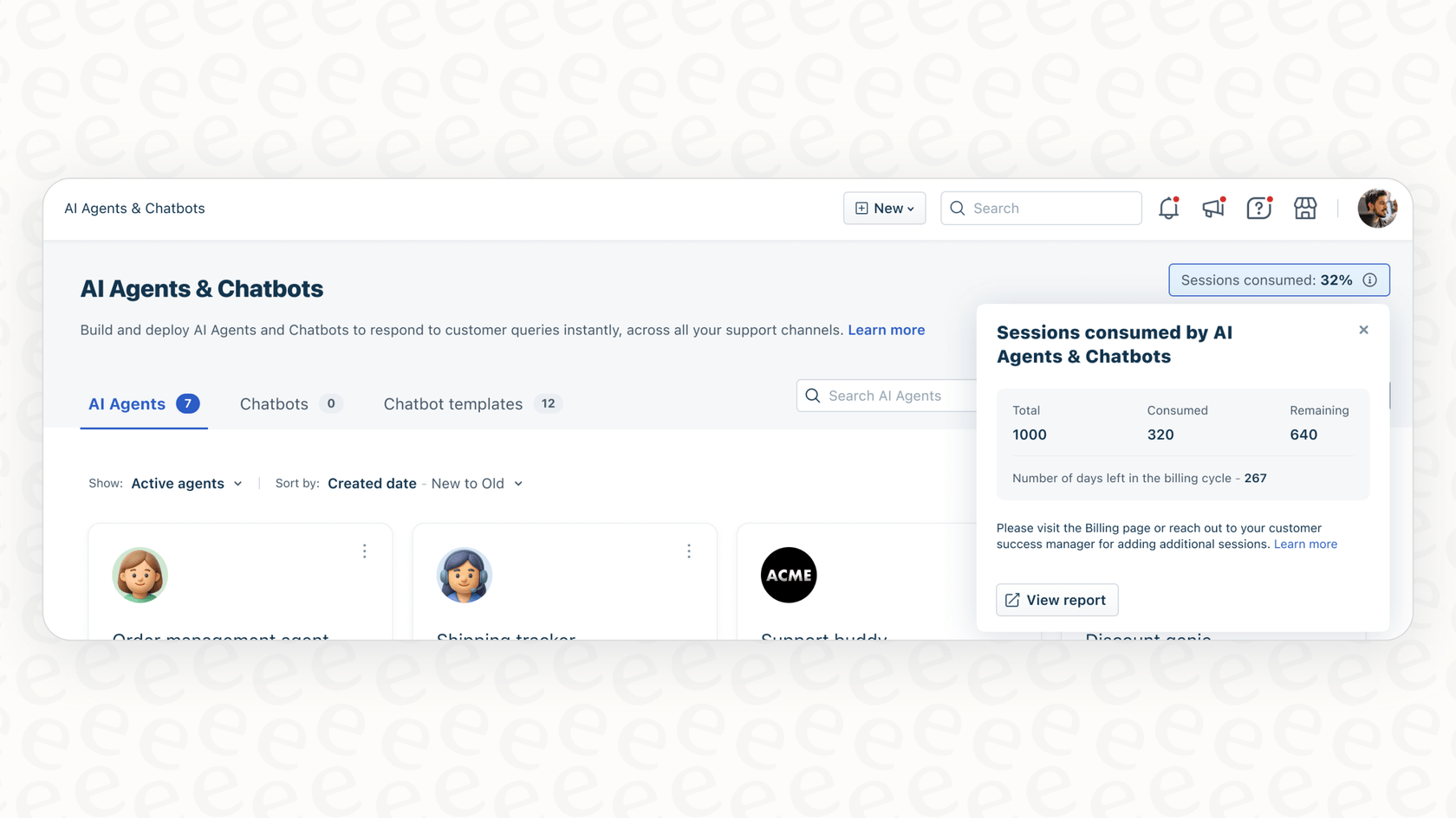 Capture d'écran de la consommation de sessions de l'agent IA Freshdesk