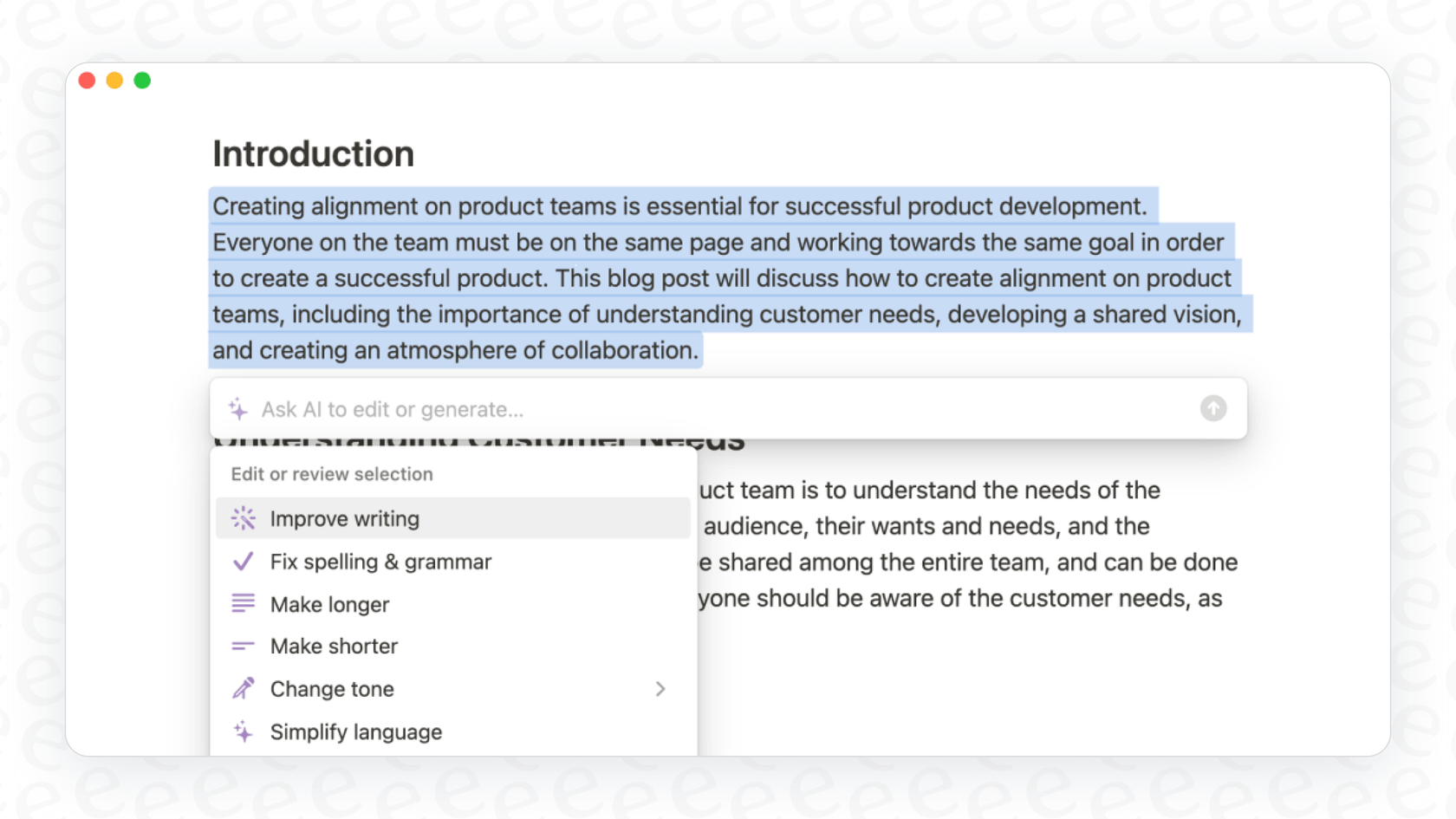 A screenshot of the Notion AI Improve or Rewrite Content features available from the text editor.