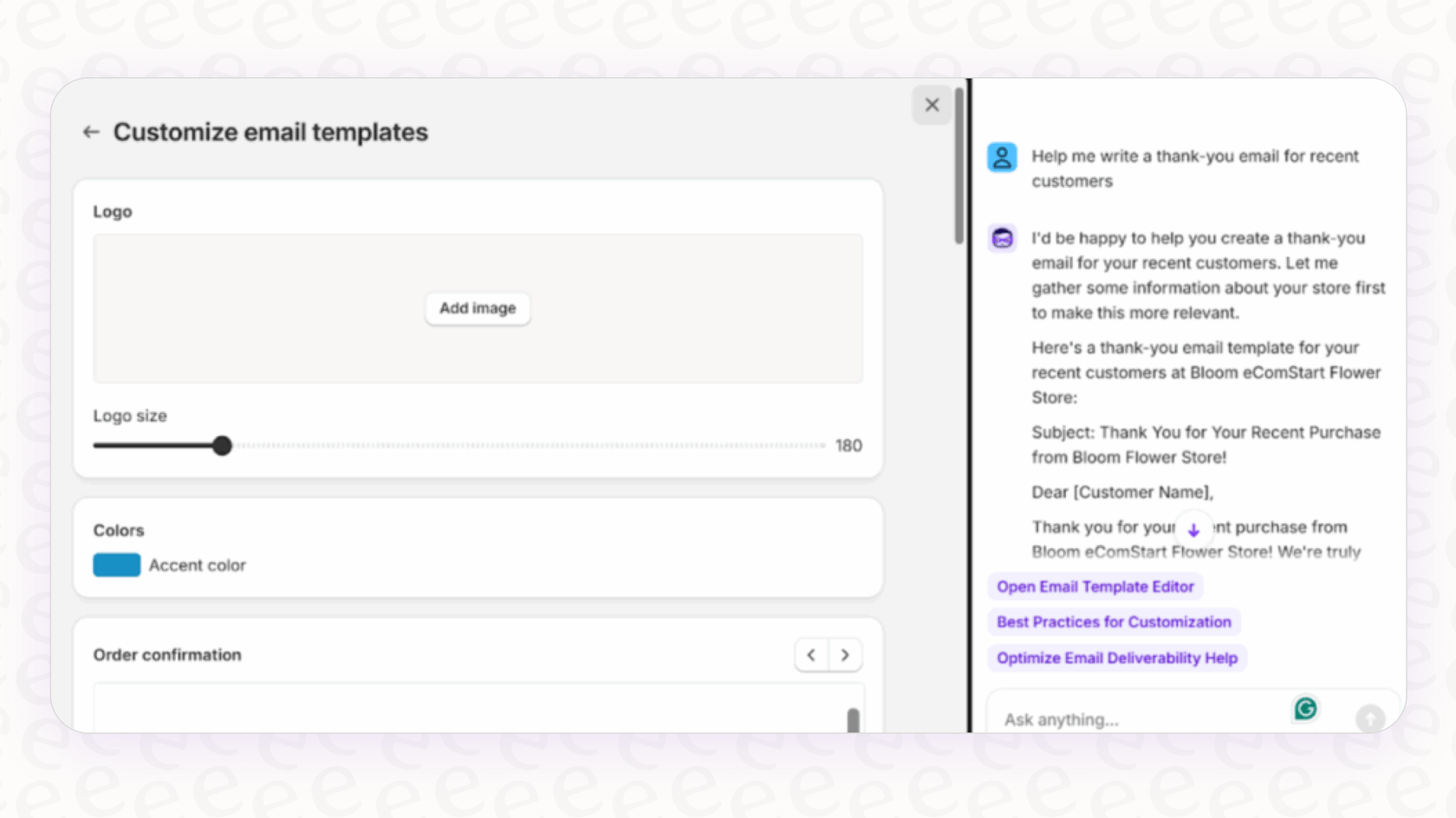 A screenshot showing the Shopify Magic Sidekick Assistant conversational AI tool inside the Shopify admin panel.