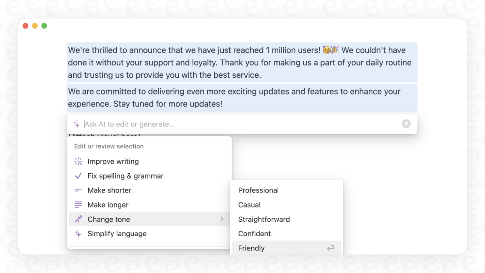 A user selects the "Friendly" option from the Notion AI Tone Adjustment dropdown menu to change the text