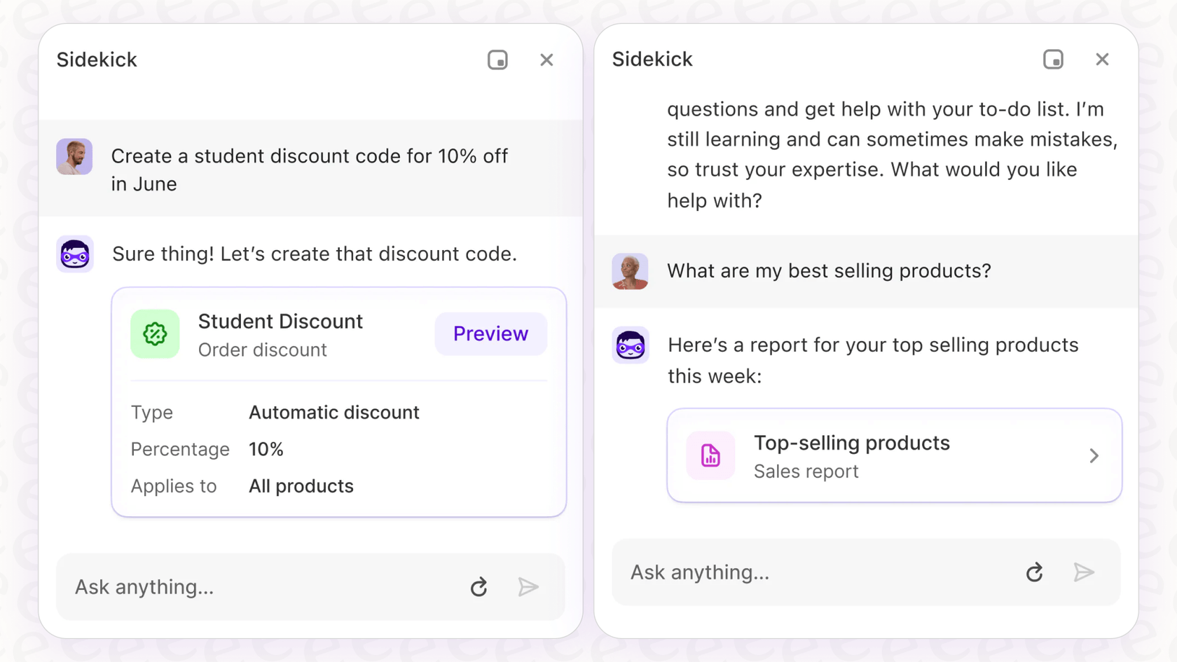 A screenshot demonstrating how the Shopify Magic Sidekick Assistant processes a text command to generate a sales report.