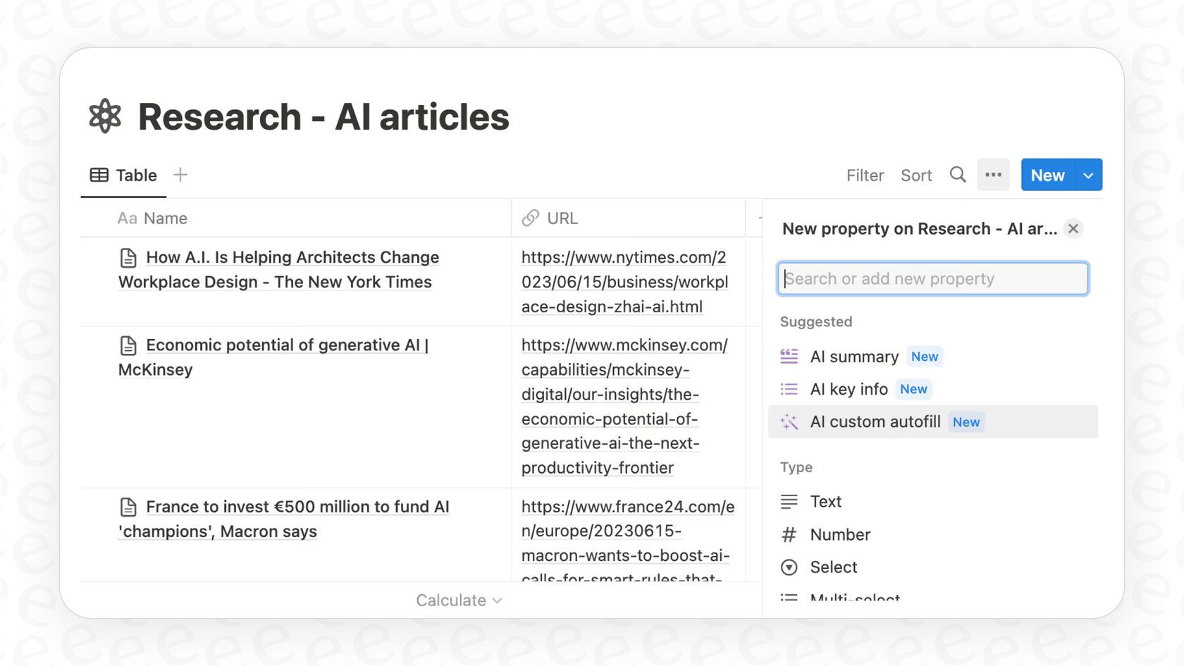 A user adding a new property to a database to use the Notion AI Autofill feature.